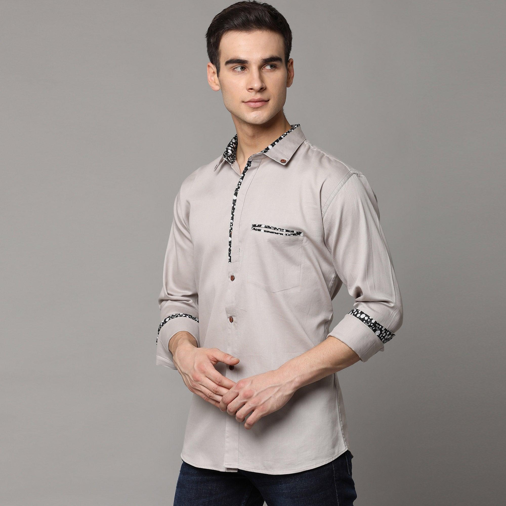 Peachmode Light Grey Solid Pure Cotton Men's Shirt - view 5