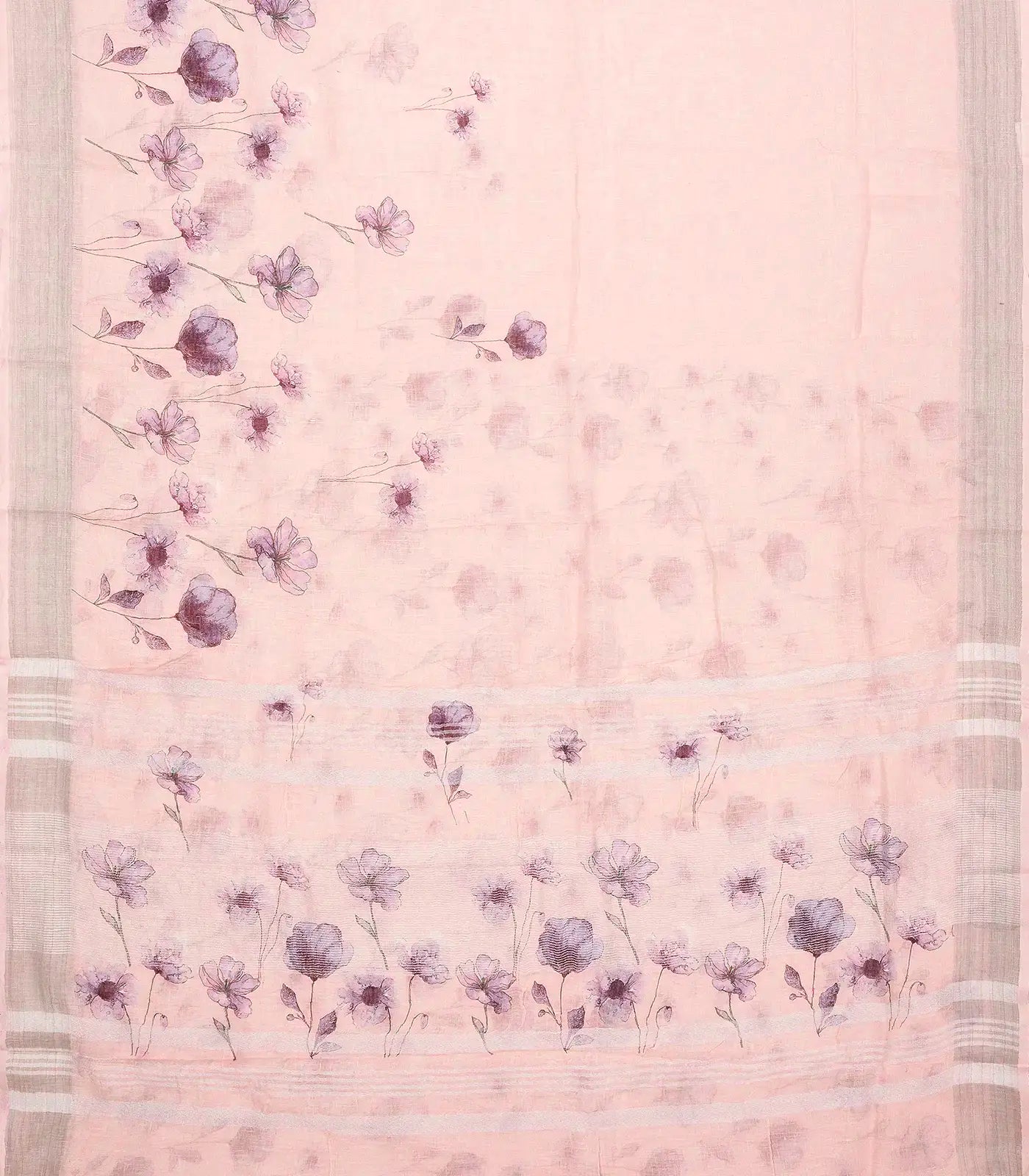 RmKV Baby Pink Handloom Linen Saree With Printed Blue Floral Motifs - view 2