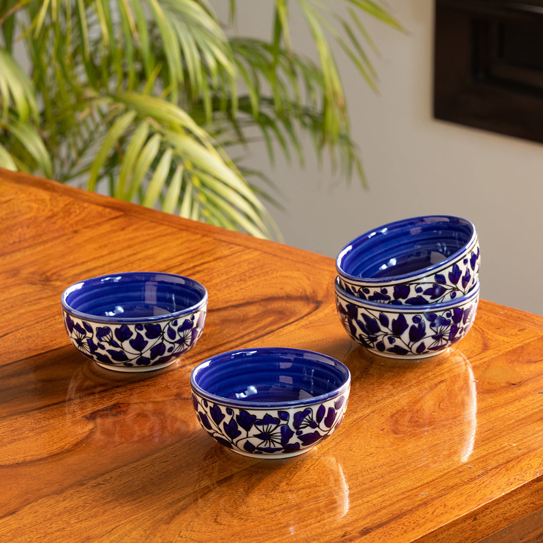 EXCLUSIVELANE 'Badamwari Bagheecha-2' Handpainted Ceramic Dinner Bowls/Katoris (Set of 4, 220 ML, Microwave Safe)