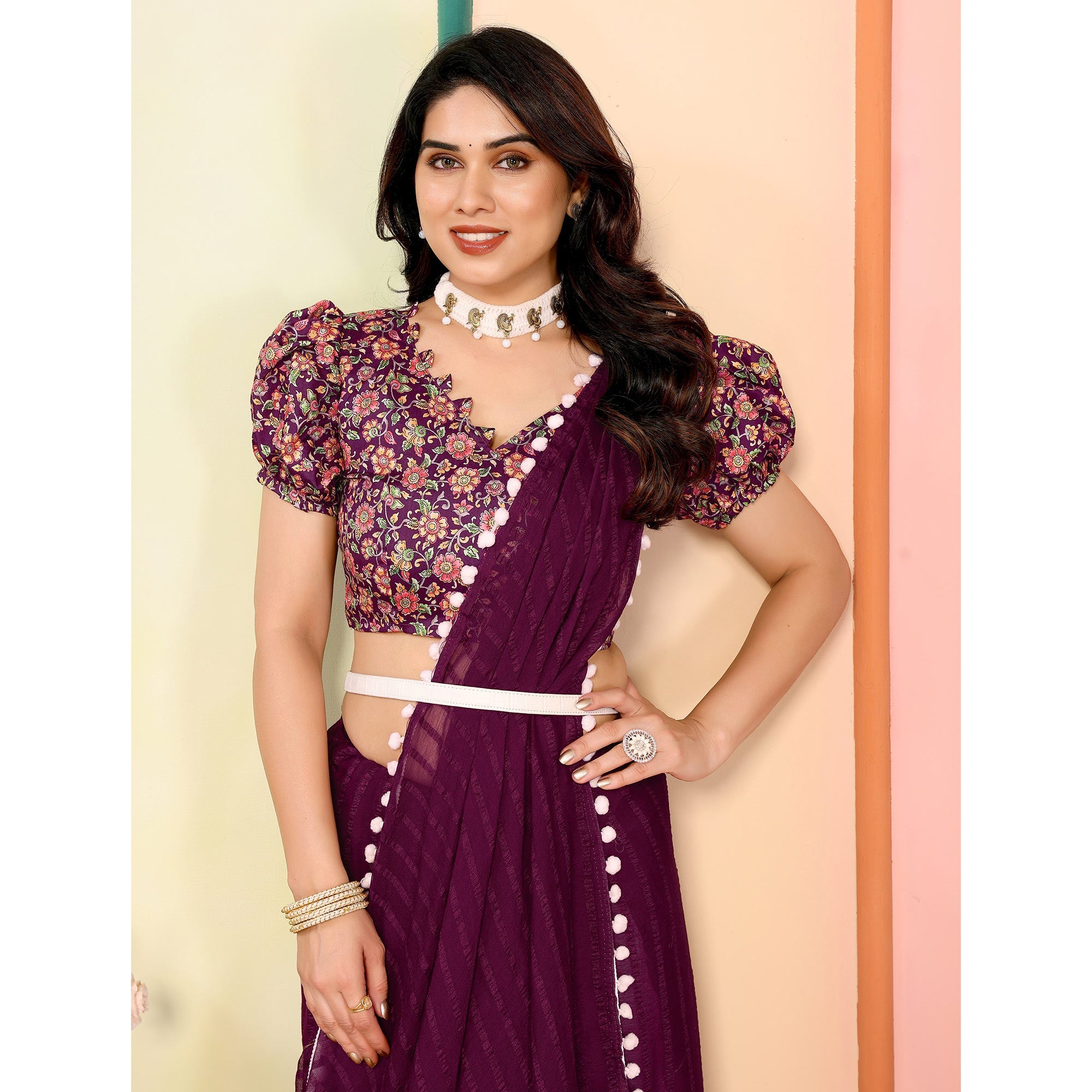 Peachmode Purple Woven Striped Pattern Georgette Saree - view 5