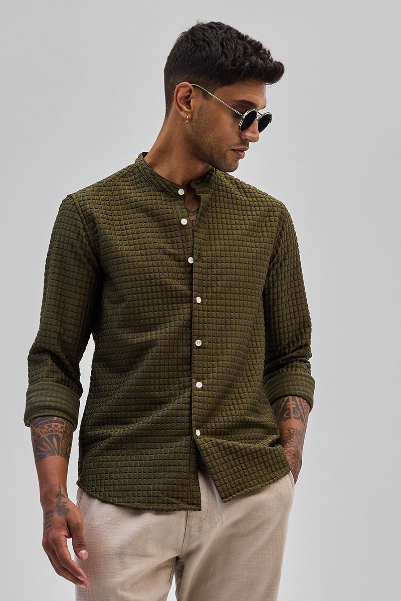 SNITCH Olive Textured Mandarin Shirt