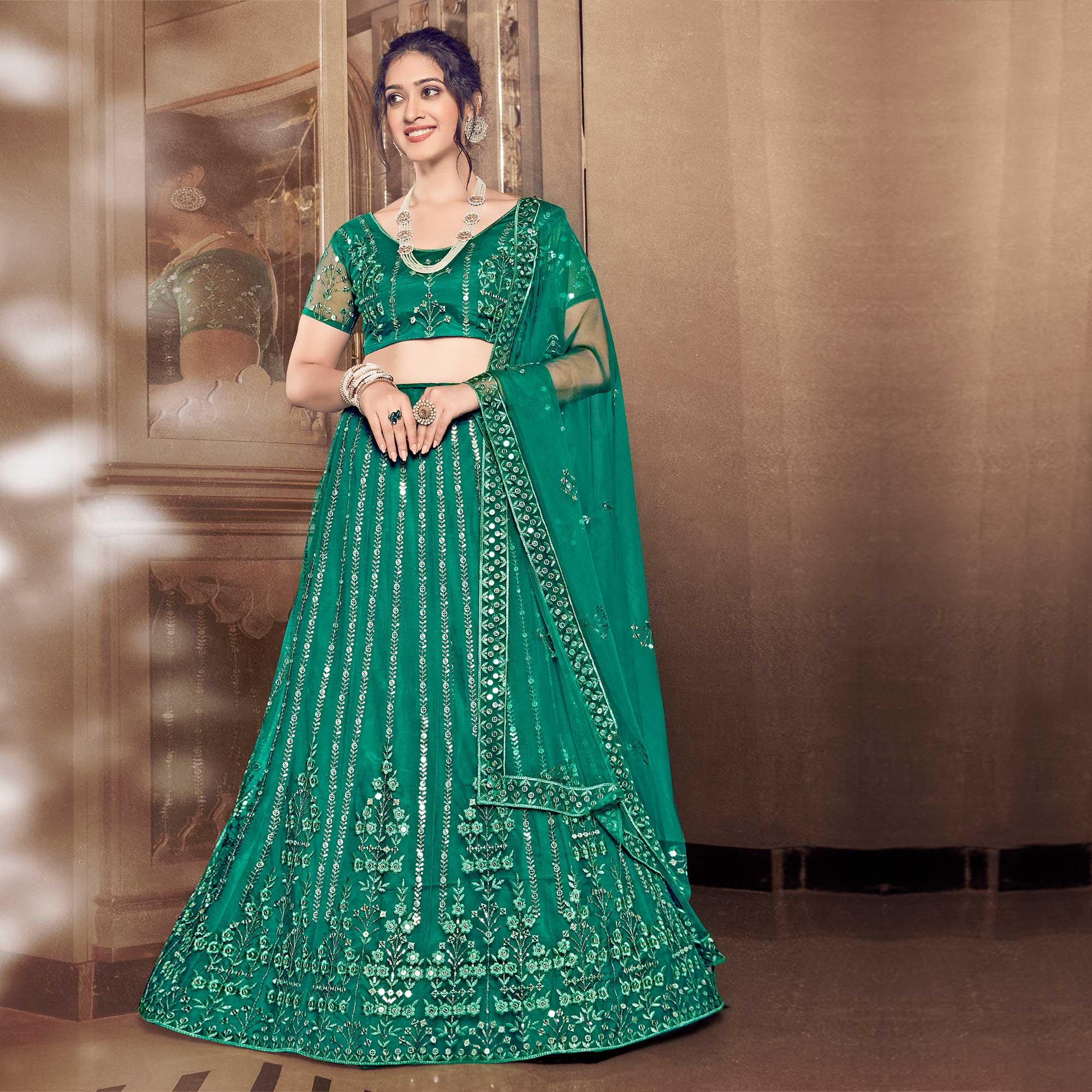 Peachmode Light Rama Partywear Thread Sequins Soft Net Lehenga Choli