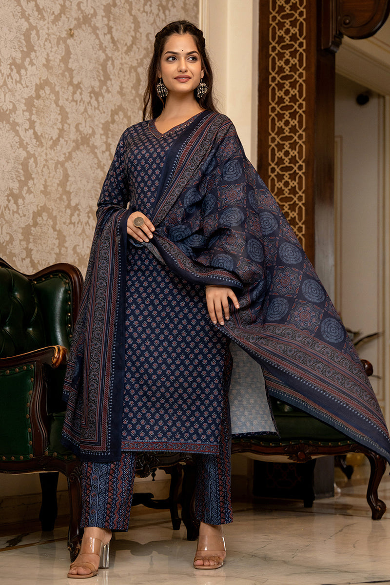 Ahika Navy Blue Rayon Blend Ajrakh Printed Straight Trouser Suit Set PKSKD2647 - view 6