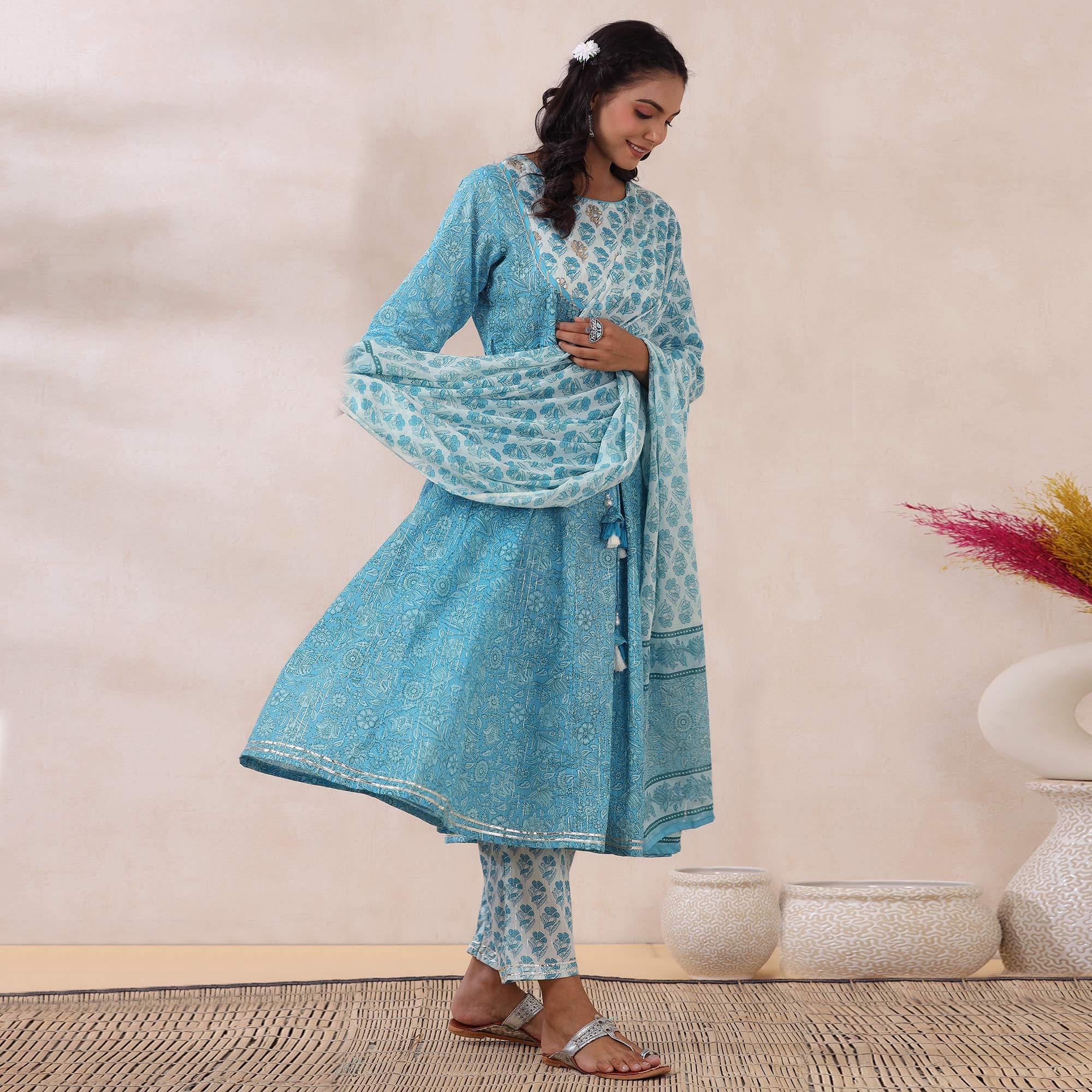 Peachmode Light Blue Printed Pure Cotton Anarkali Suit - view 5