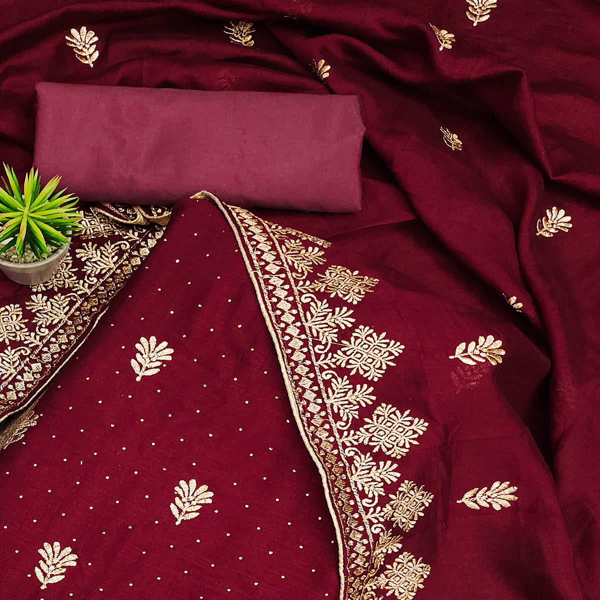Peachmode Maroon Floral Embroidered Chinon Dress Material - view 2