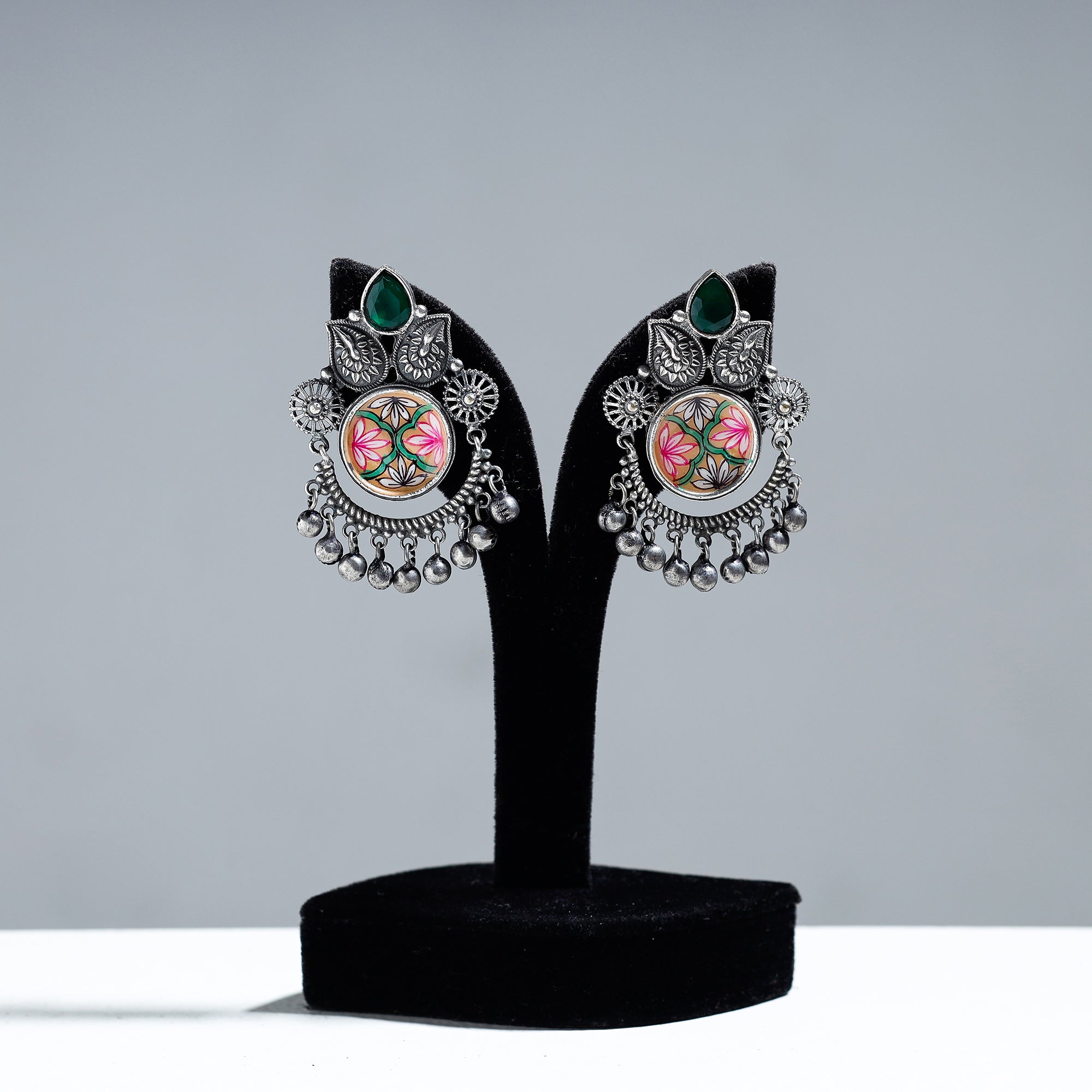 WHITE RIVER STORIES Antique Silver Finish Oxidised Brass Base Enamel & Stone Work Earrings