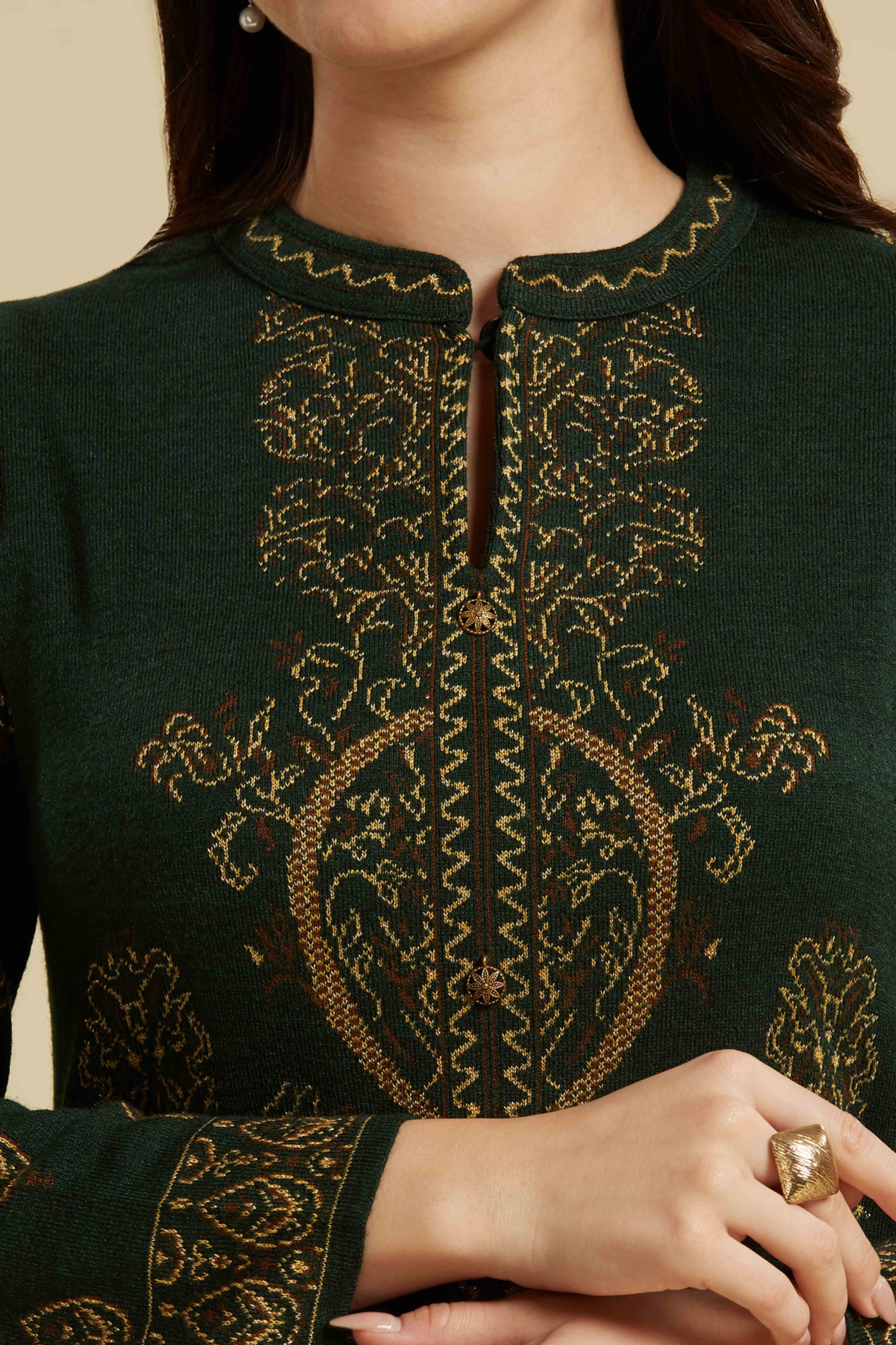 Peachmode Bottle Green Woven Woolen Straight Top Bottom Set - view 2