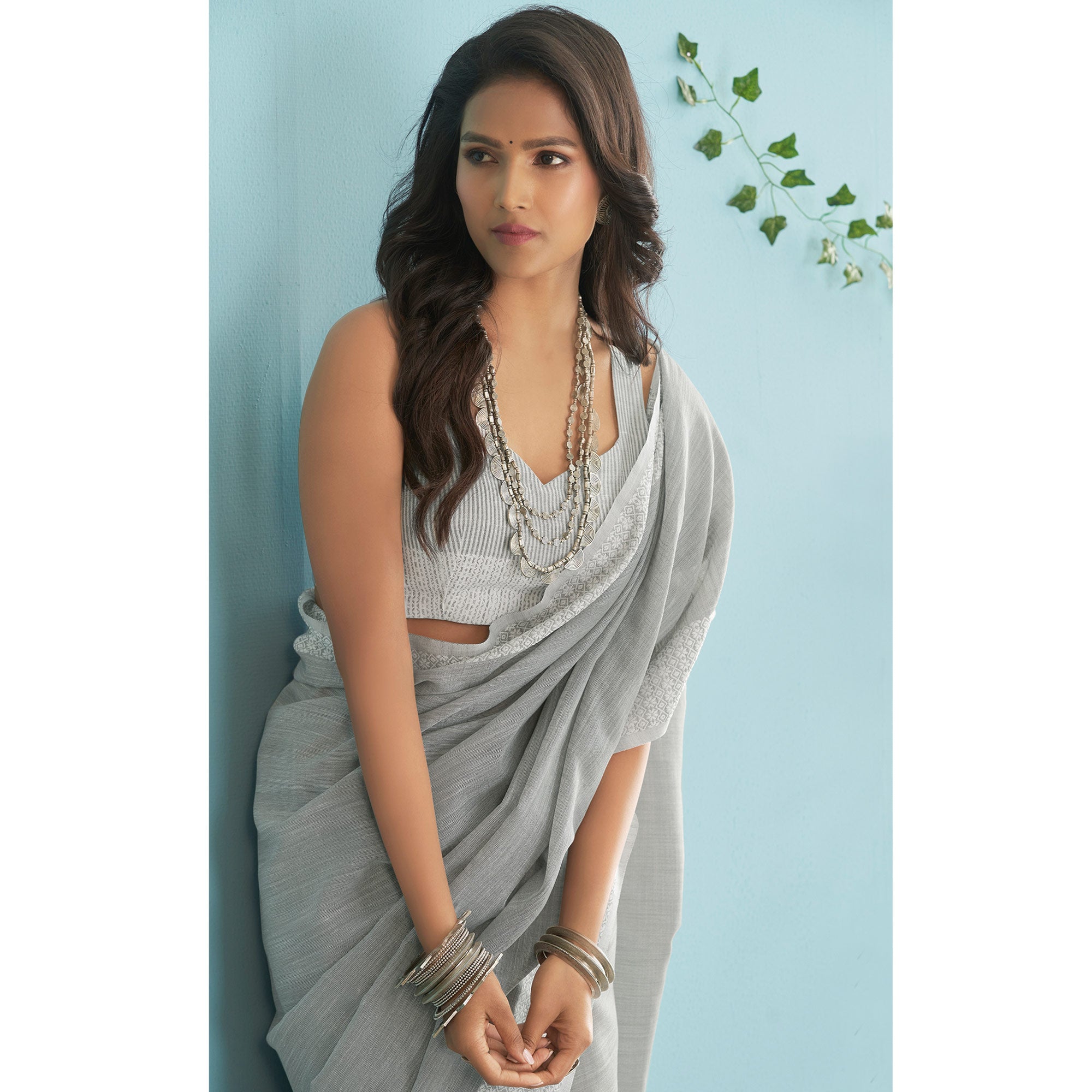 Peachmode Grey Woven Linen Saree – Women's - view 4