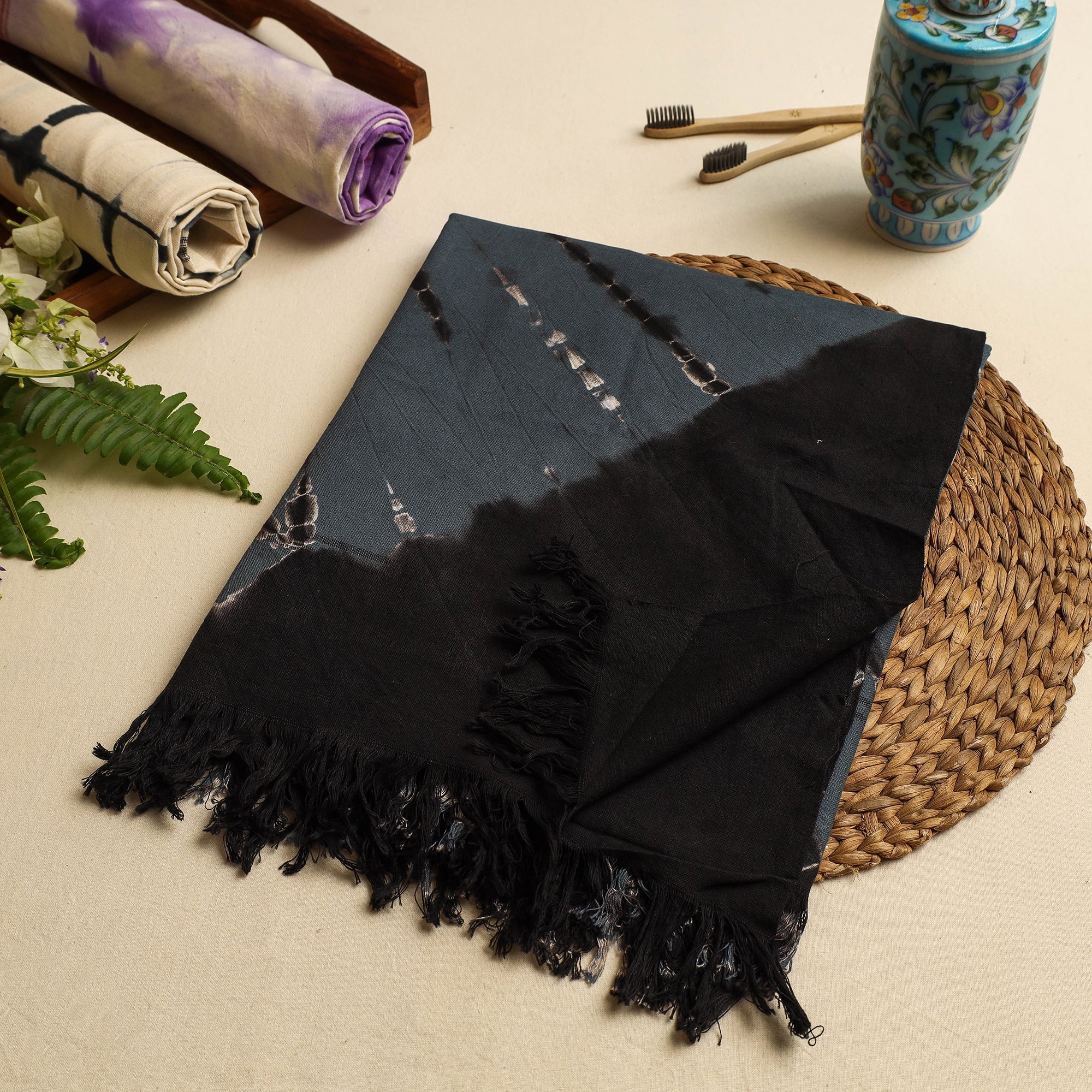ARTISAN HAND BLOCK PRINTS Black - Jhiri Handloom Shibori Tye-Dye Pure Cotton Towel