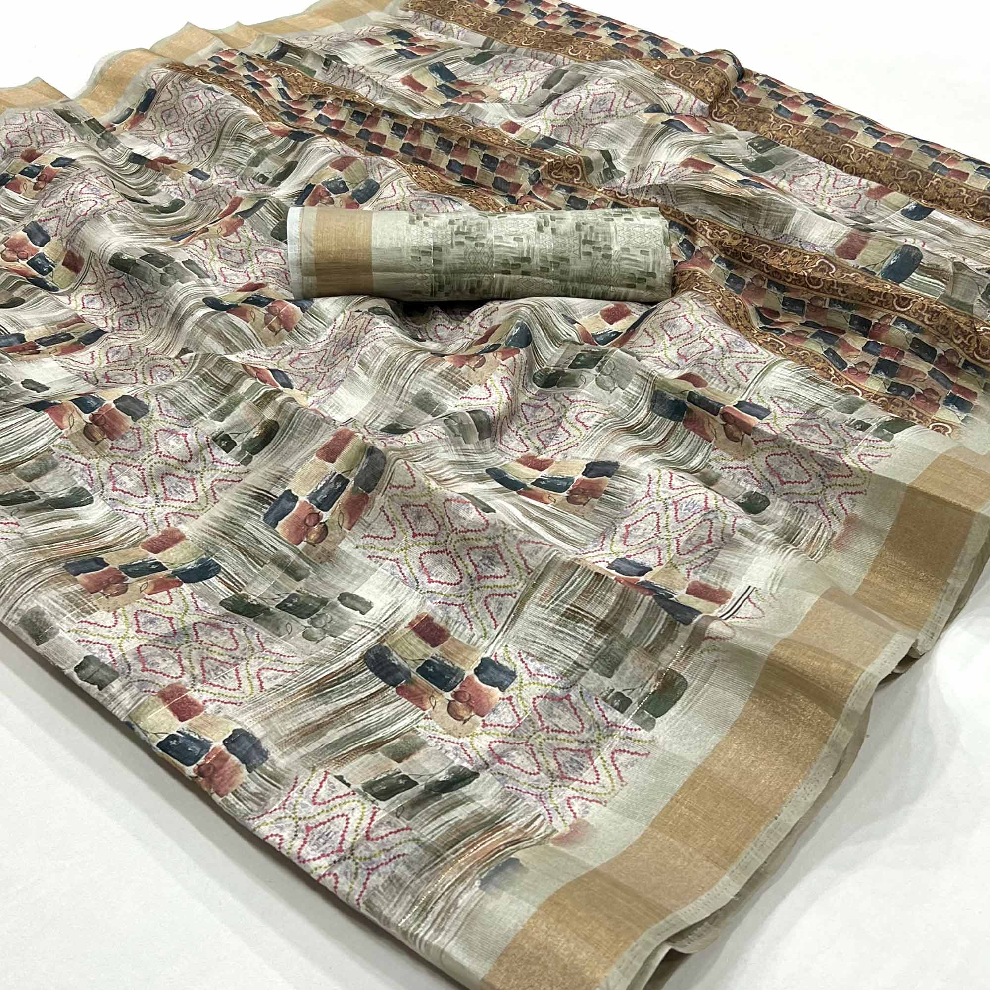 Peachmode Chikoo Digital Printed Cotton Blend Saree With Woven Border