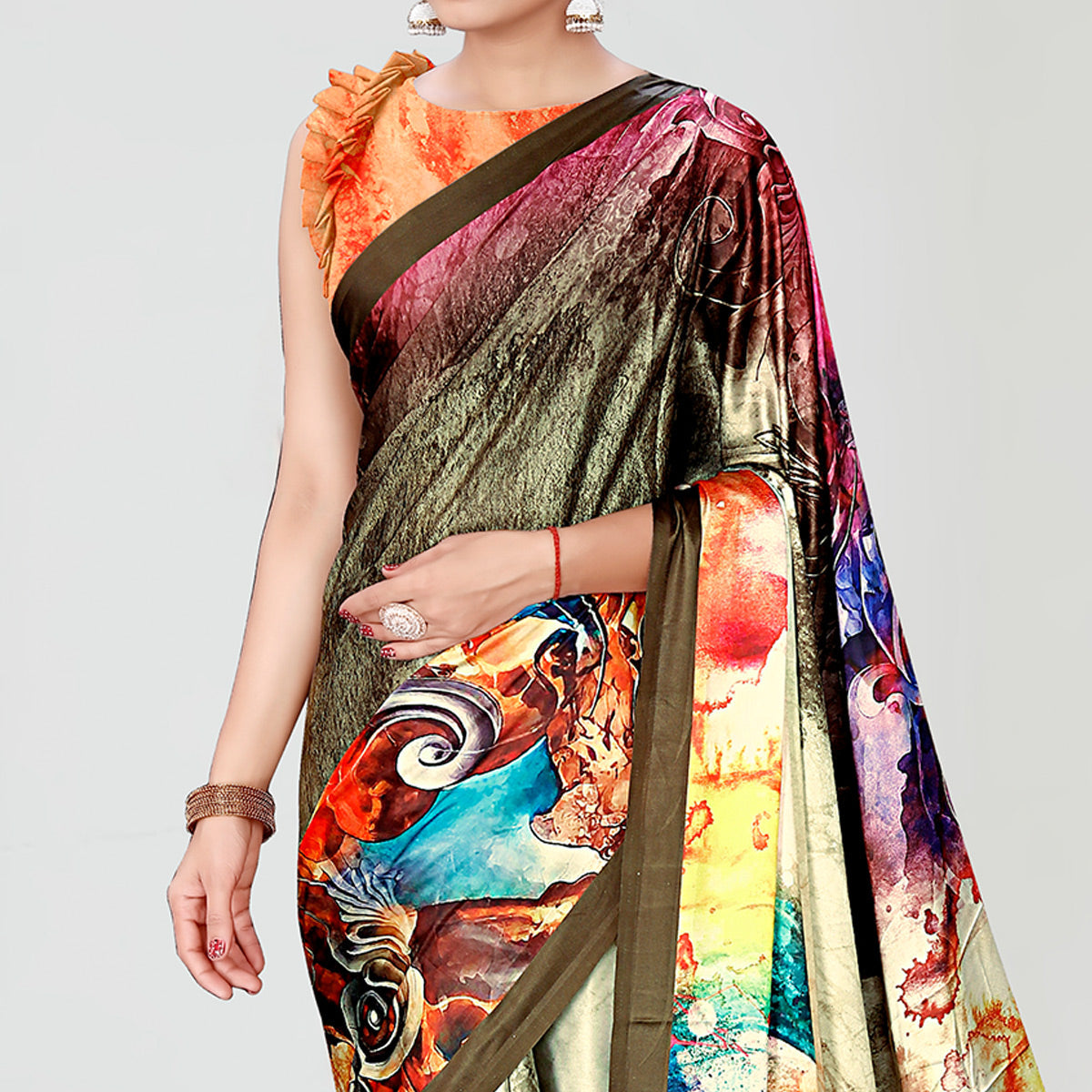 Peachmode Multicolor Digital Printed Satin Saree - view 2