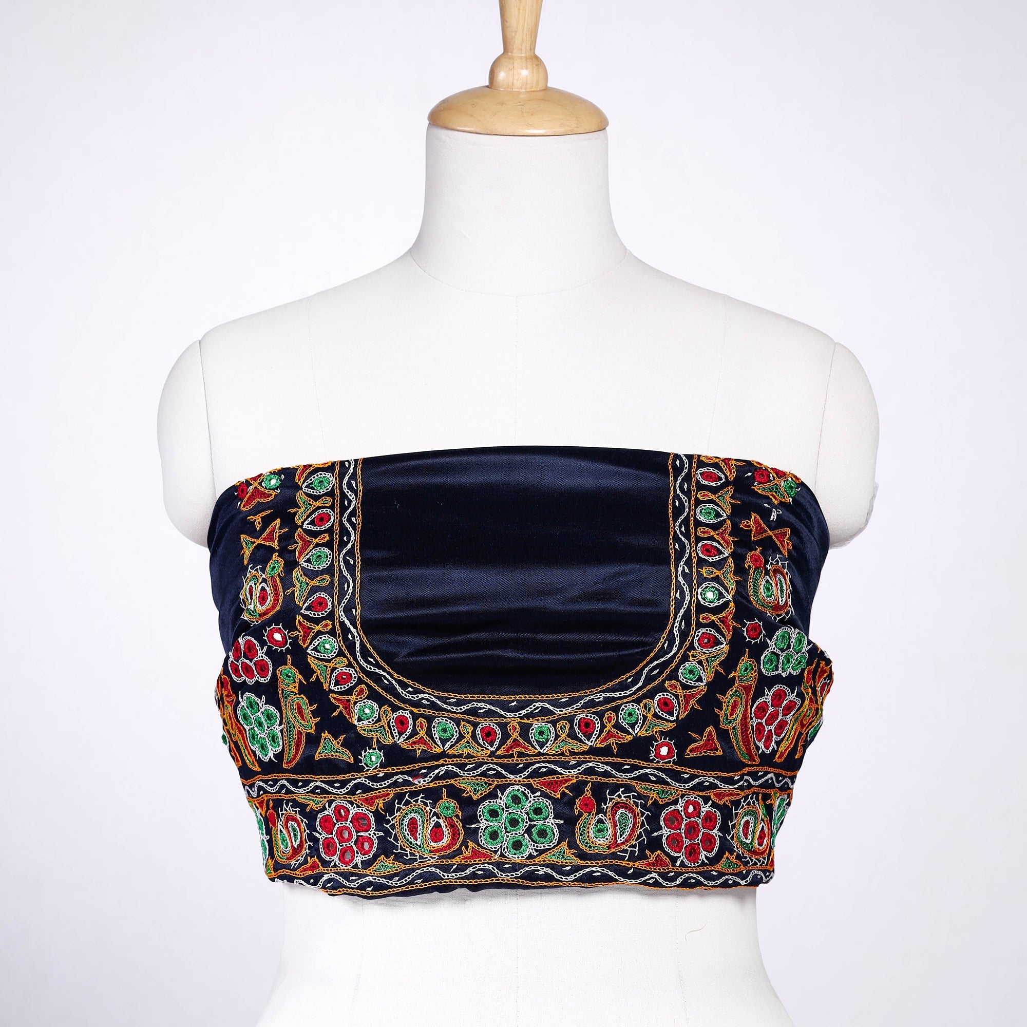 KACHCHH JI CHHAAP Blue - Ahir Hand Embroidery Kutch Mirror Work Mashru Silk Blouse Piece