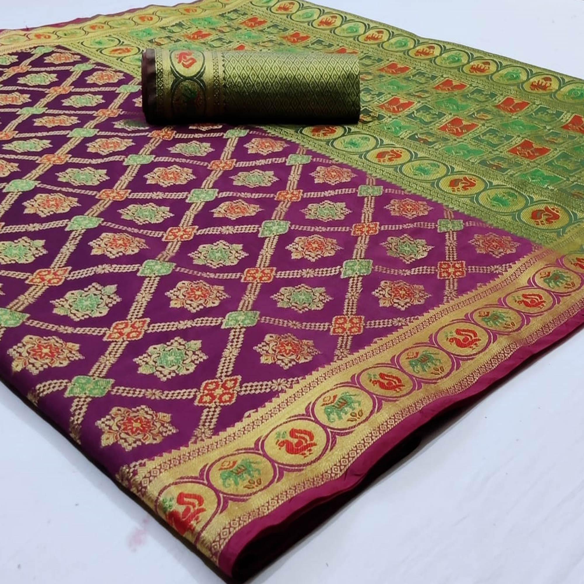 Peachmode Glorious Purple Colored Festive Wear Woven Silk Saree