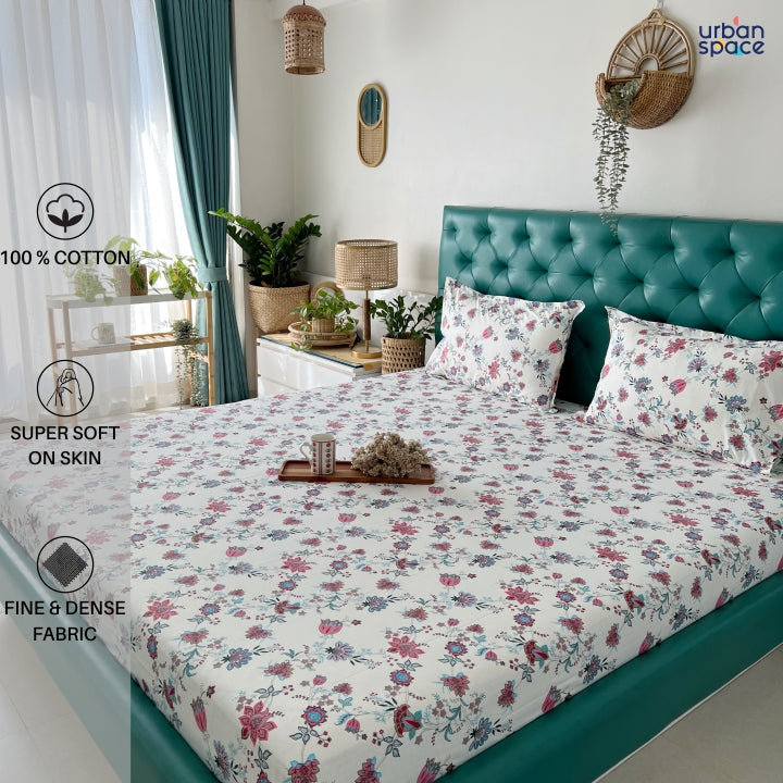 Urban Space -Home Furnishing Store Serene 200 TC 100% Cotton Single Printed Bedsheet with Pillow Covers - Paradise Pink & Blue - view 2