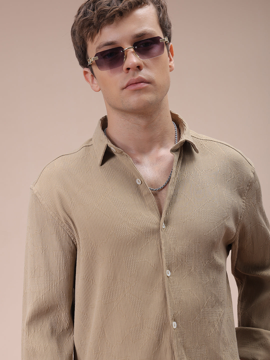 The Indian Garage Co Men's Khaki Slim Fit Textured Shirt