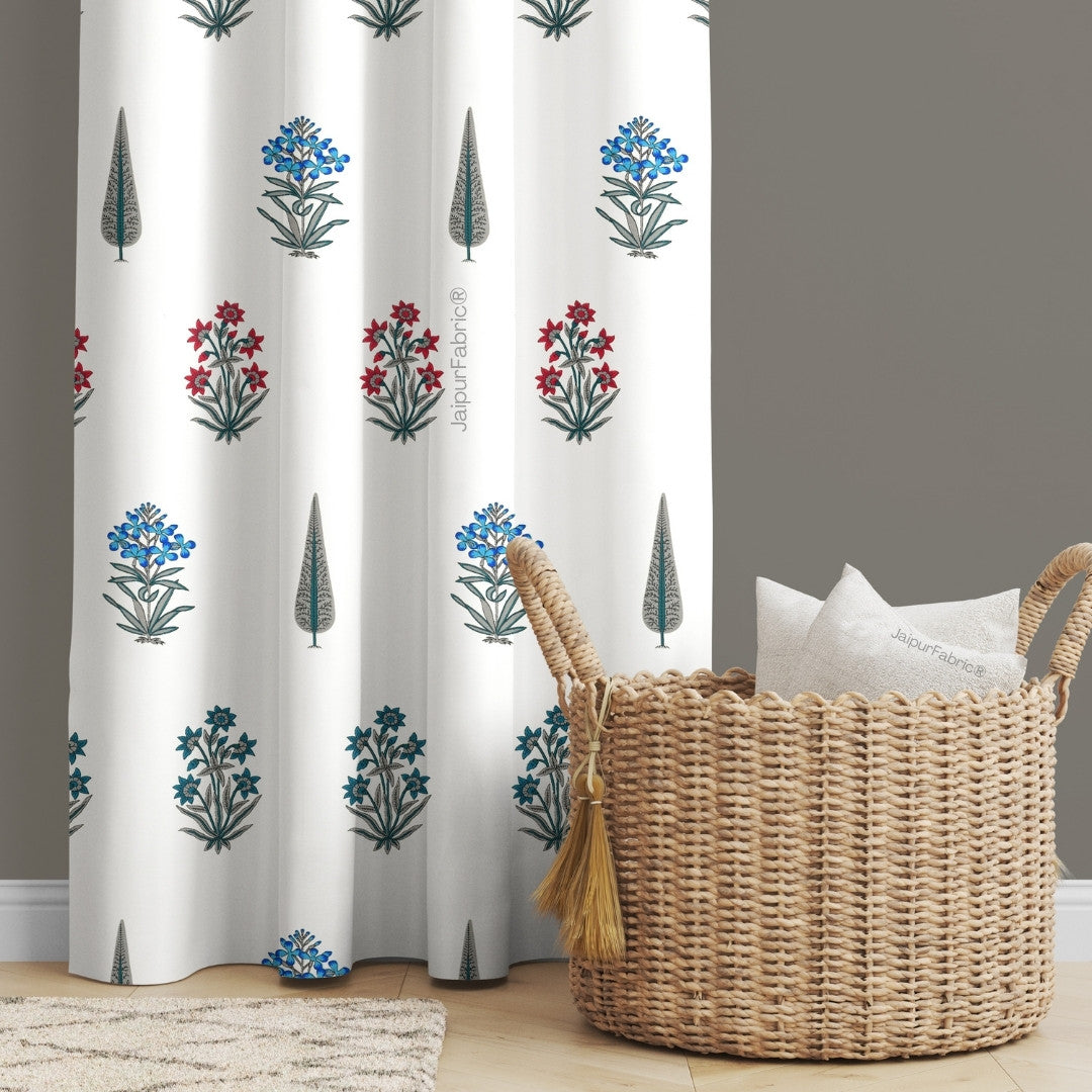 JaipurFabric® India Blocks of Red Blue Flowers Grey Leaves Block Printed Curtains - view 2