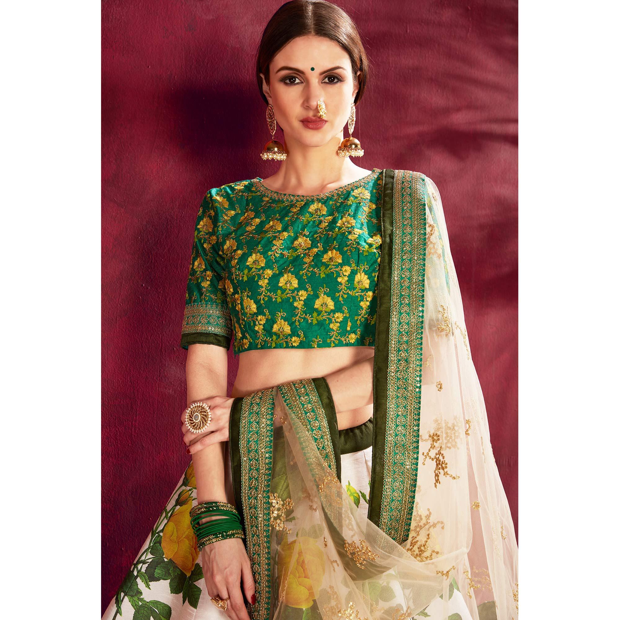 BlackTree graceful-off-white-colored-designer-digital-print-and-embroidered-banglori-silk-lehenga-choli - view 2