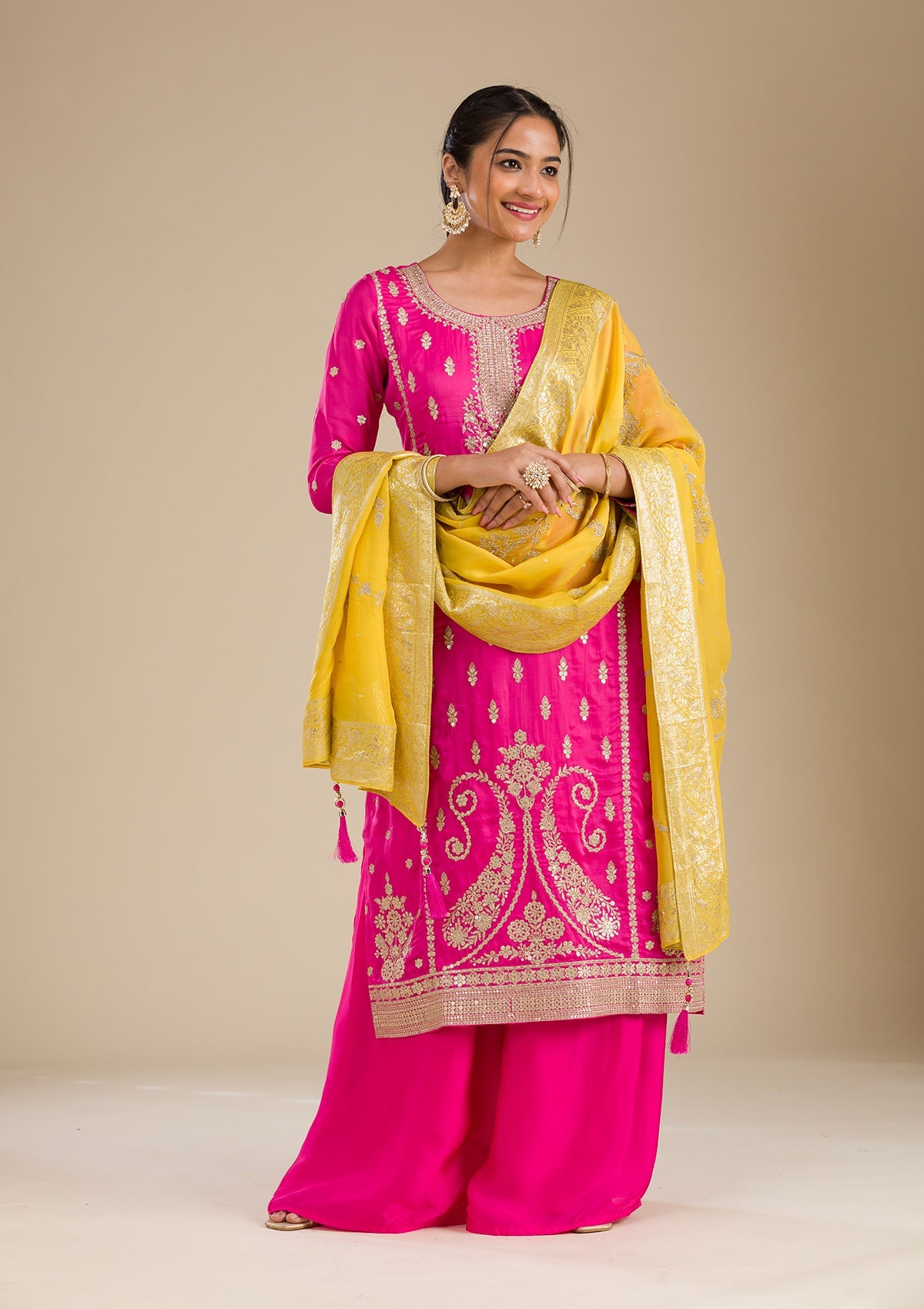 Koskii Rani Pink Zariwork Semi Crepe Readymade Salwar Suit