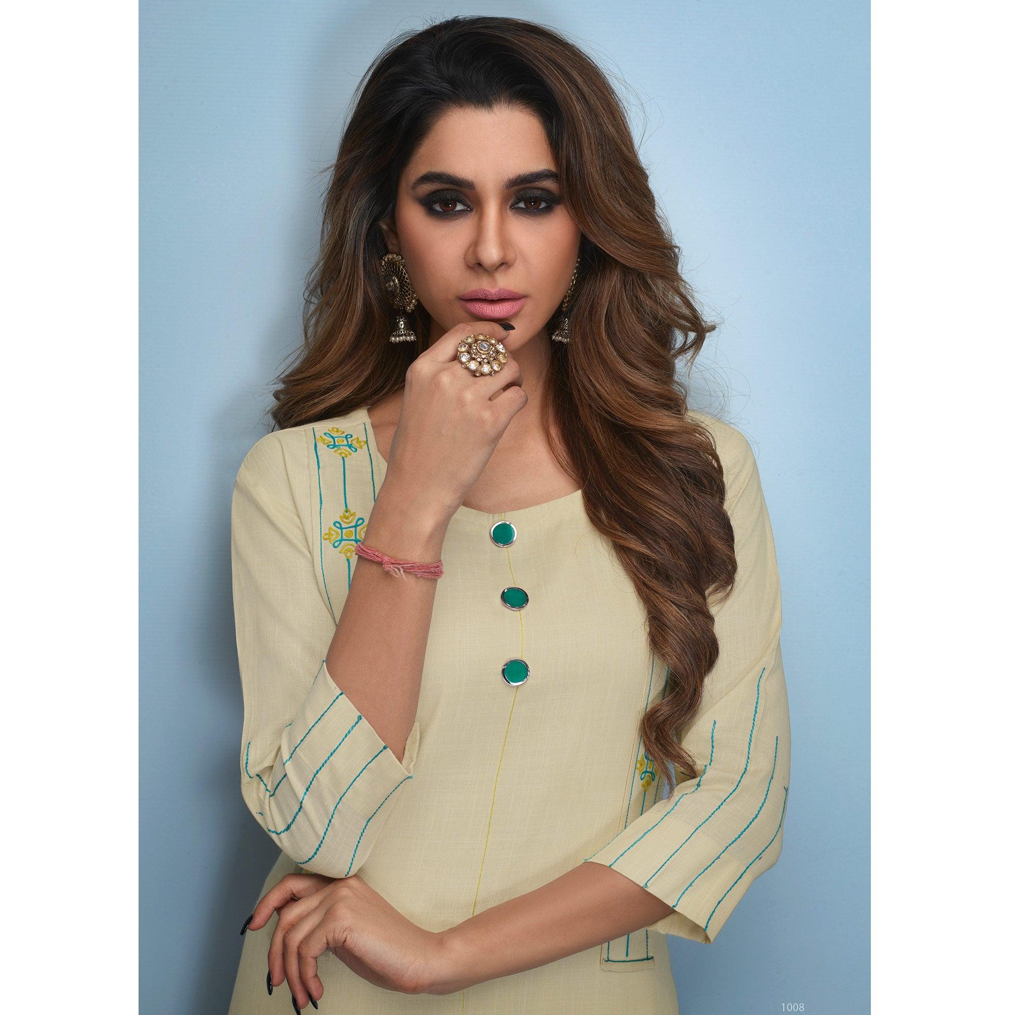 Peachmode Seller Flattering Cream Colored Partywear Embroidered Rayon Kurti - view 2