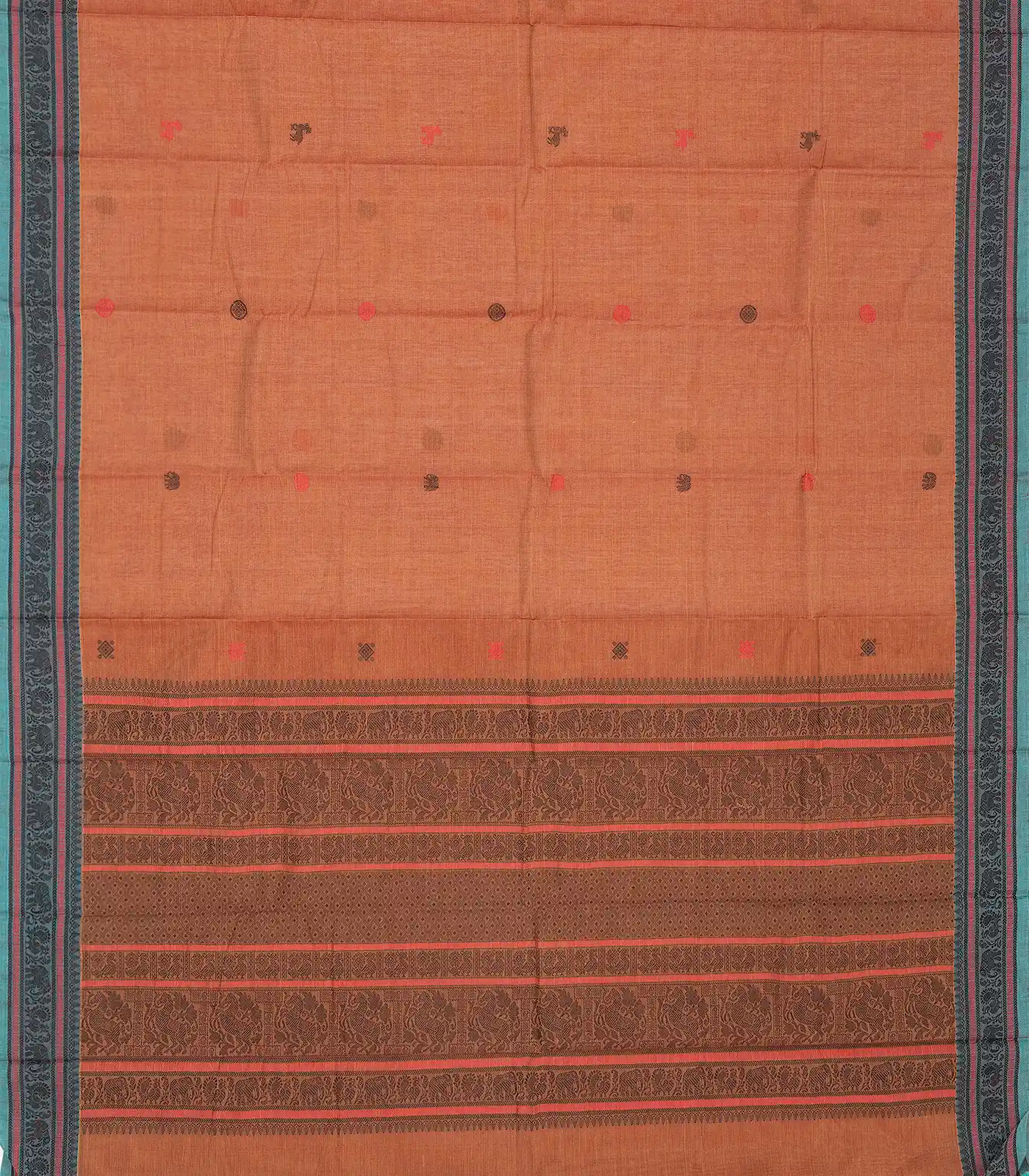 RmKV Peach Handloom Kanchi Cotton Saree With Annam & Mango Buttas - view 2