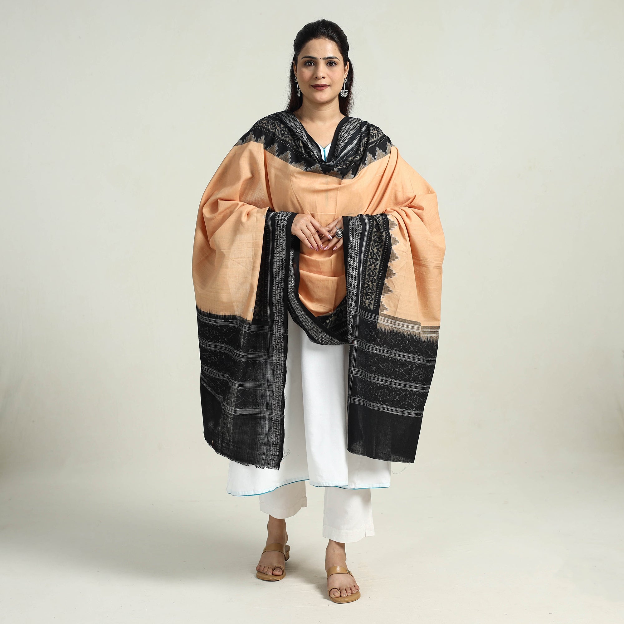 ASHOKA ASSEMBLE - CELEBRATING CRAFTS OF ODISHA Beige - Sambalpuri Ikat Weave Handloom Cotton Dupatta 15