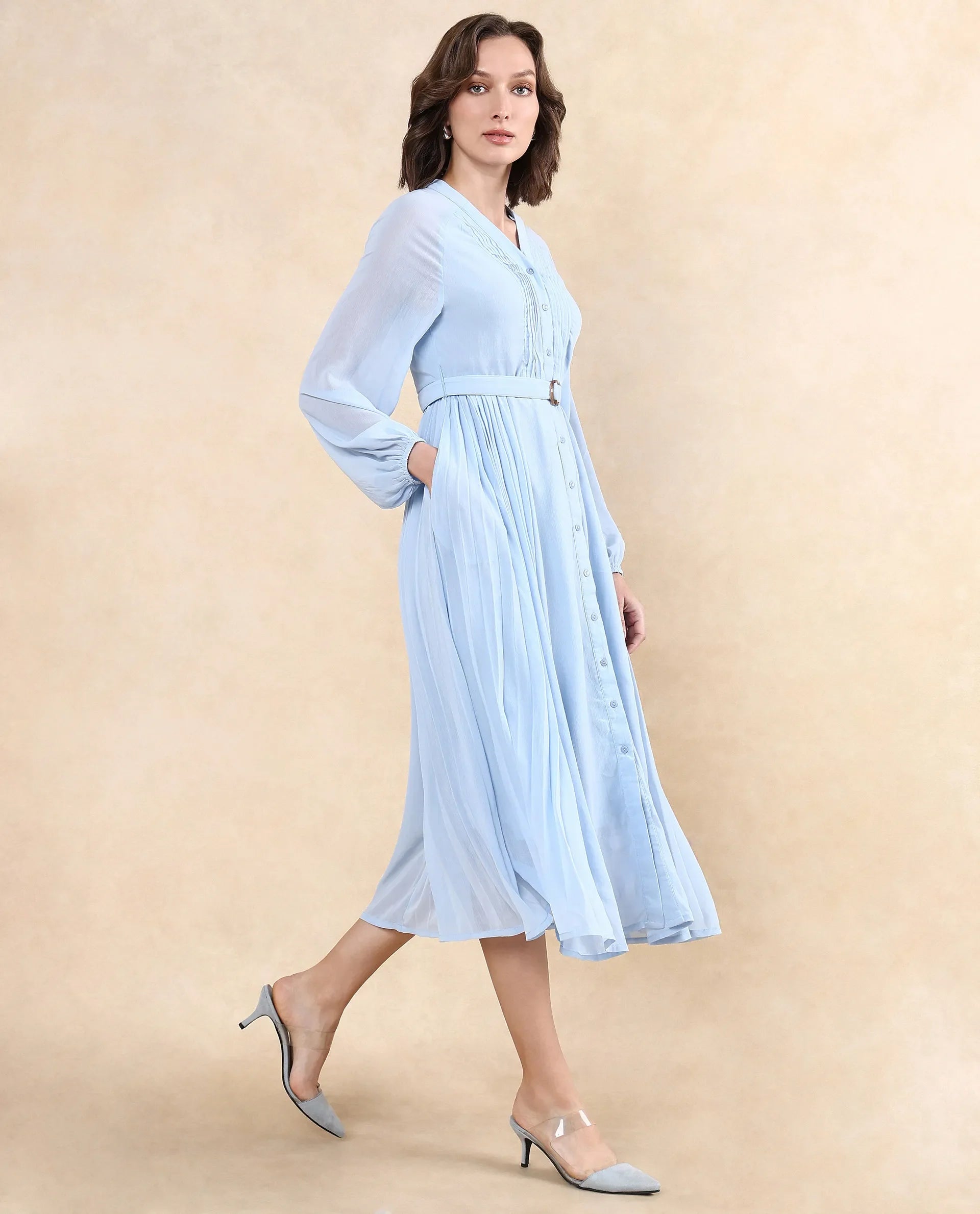 Rareism Women Jibouti Light Blue Polyester Fabric Raglan Sleeves V-Neck Button Closure A-Line Maxi Plain Dress - view 4