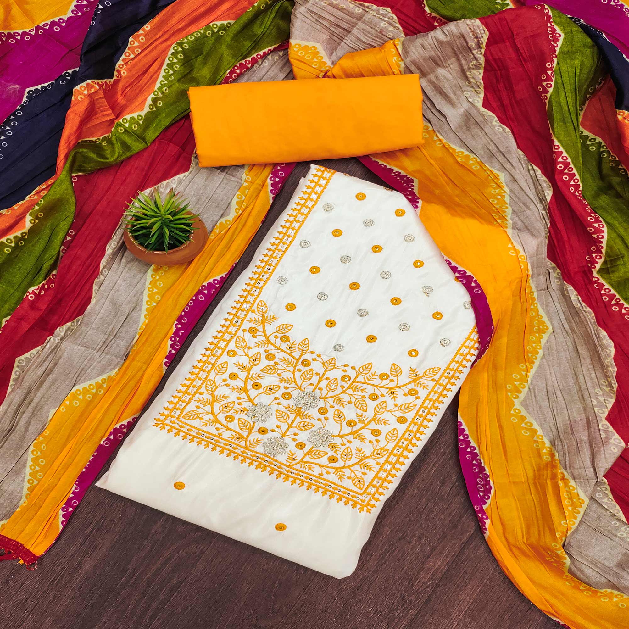 Peachmode Cream & Yellow Floral Sequins Embroidered Cotton Silk Dress Material
