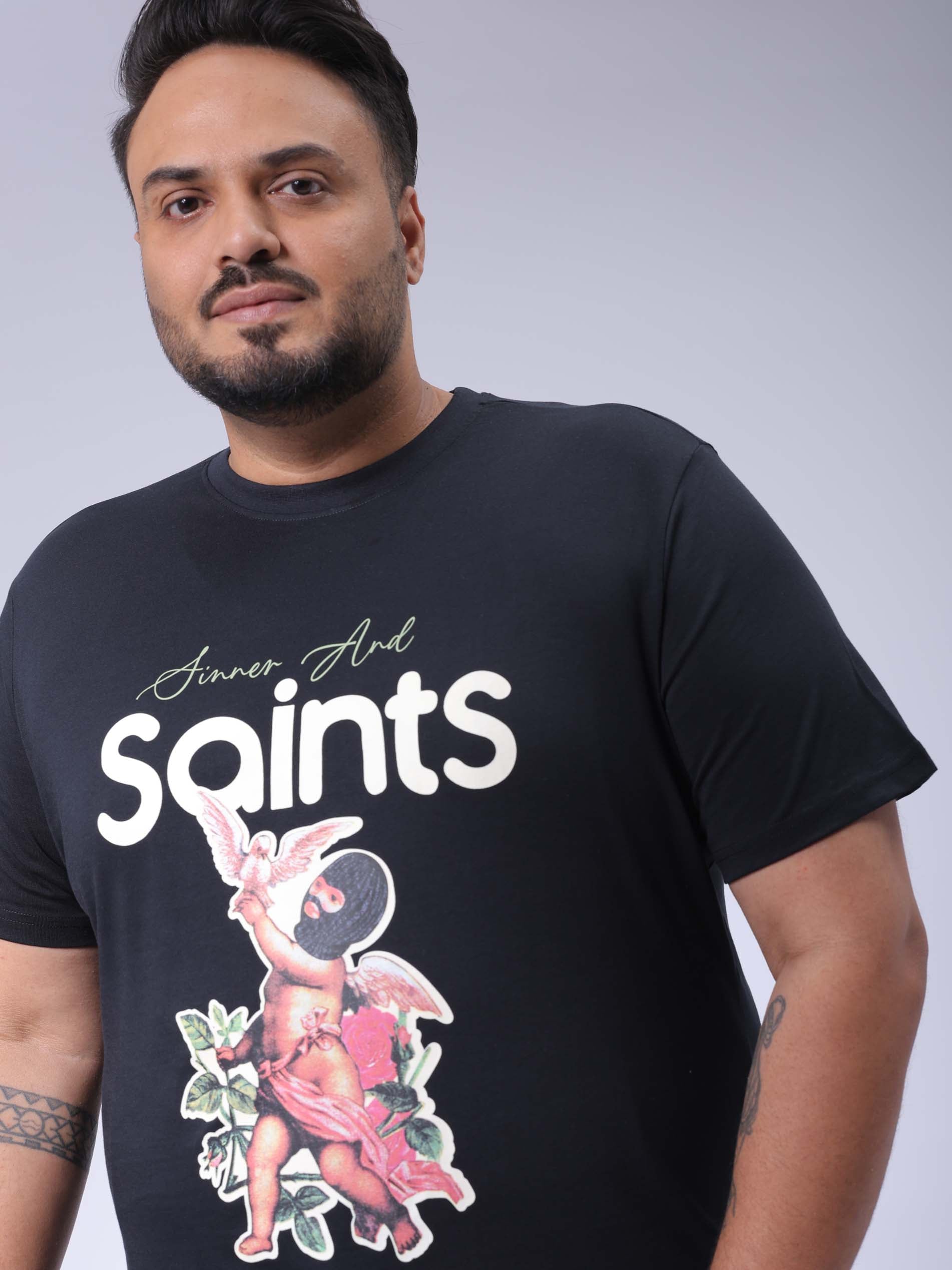 HARDSODA Men's Plus Size Black Regular Fit Placement Printed T-Shirt
