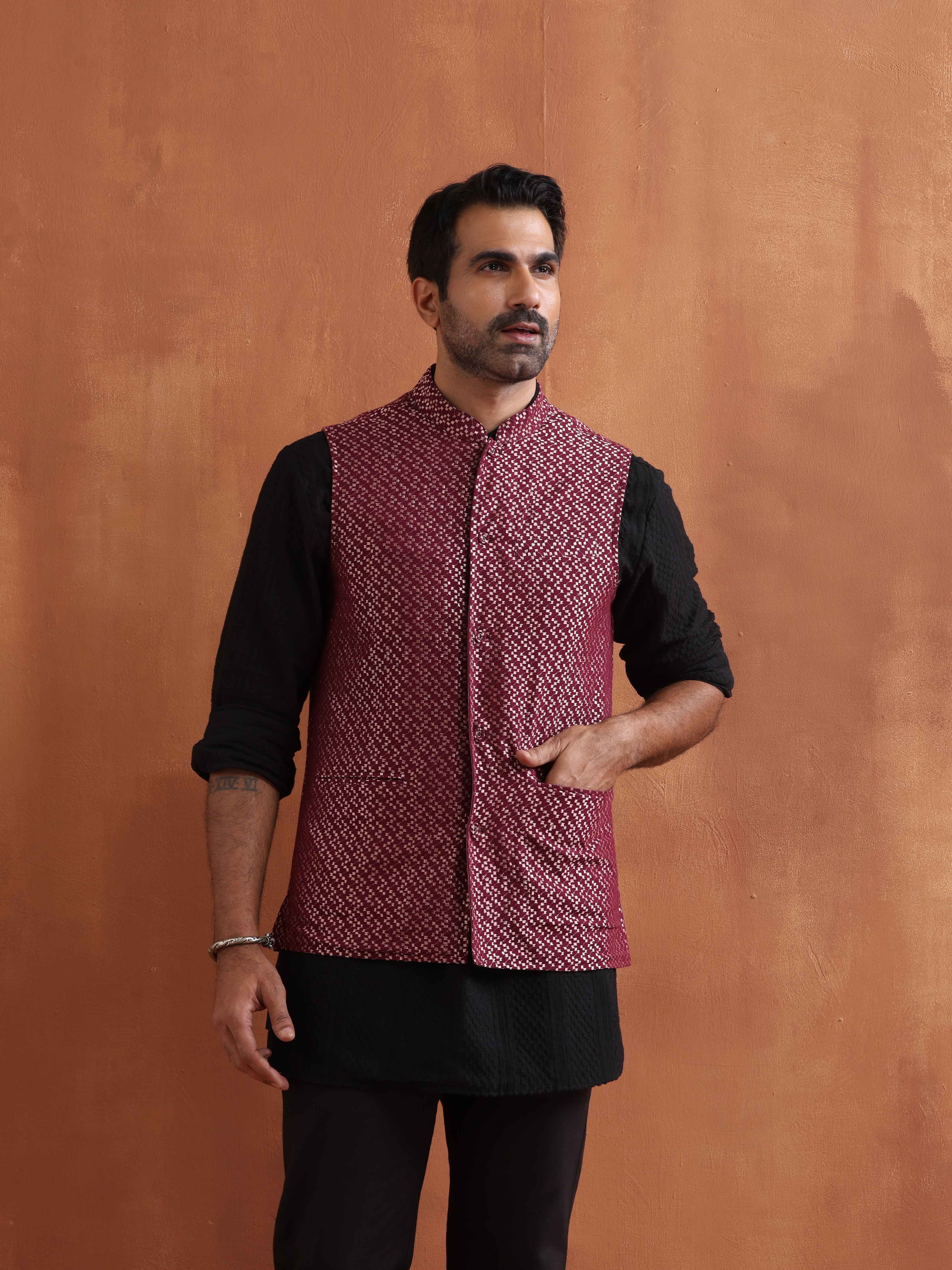 trueBrowns Men's Dark Purple Cotton Dobby Nehru Jacket - view 2