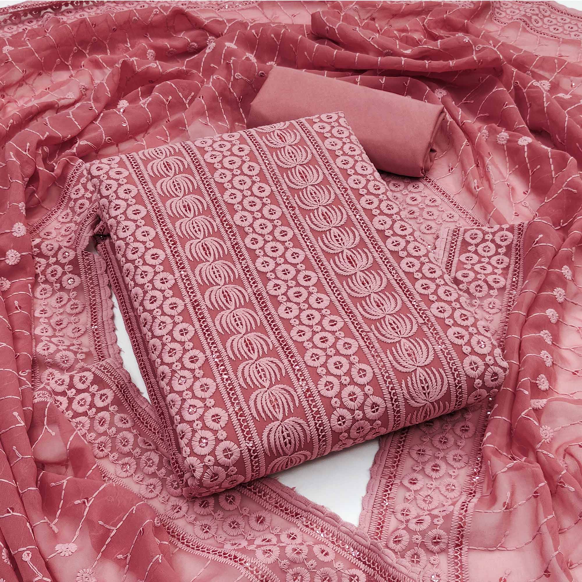 Peachmode Gajari Pink Sequin Embroidered Georgette Dress Material