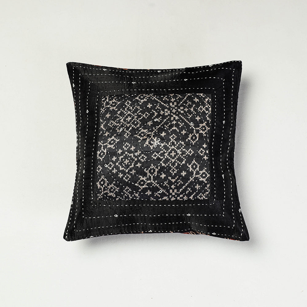 KACHCHH JI CHHAAP Black - Kutch Embroidered Ajrakh Mashru Silk Cushion Cover (12 x 12 in)