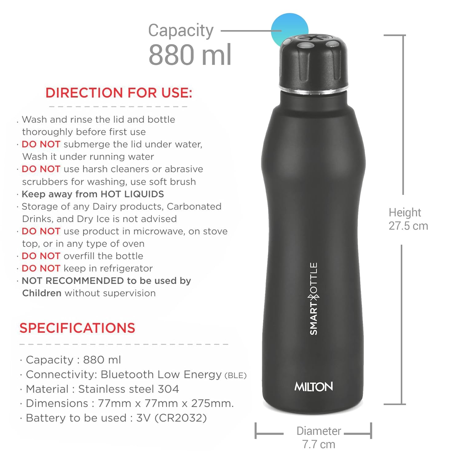 Milton Euroline Smart Stainless Steel Water Bottle | Mobile Hydration System | Bluetooth Enabled | Black | 1 Pc - view 4