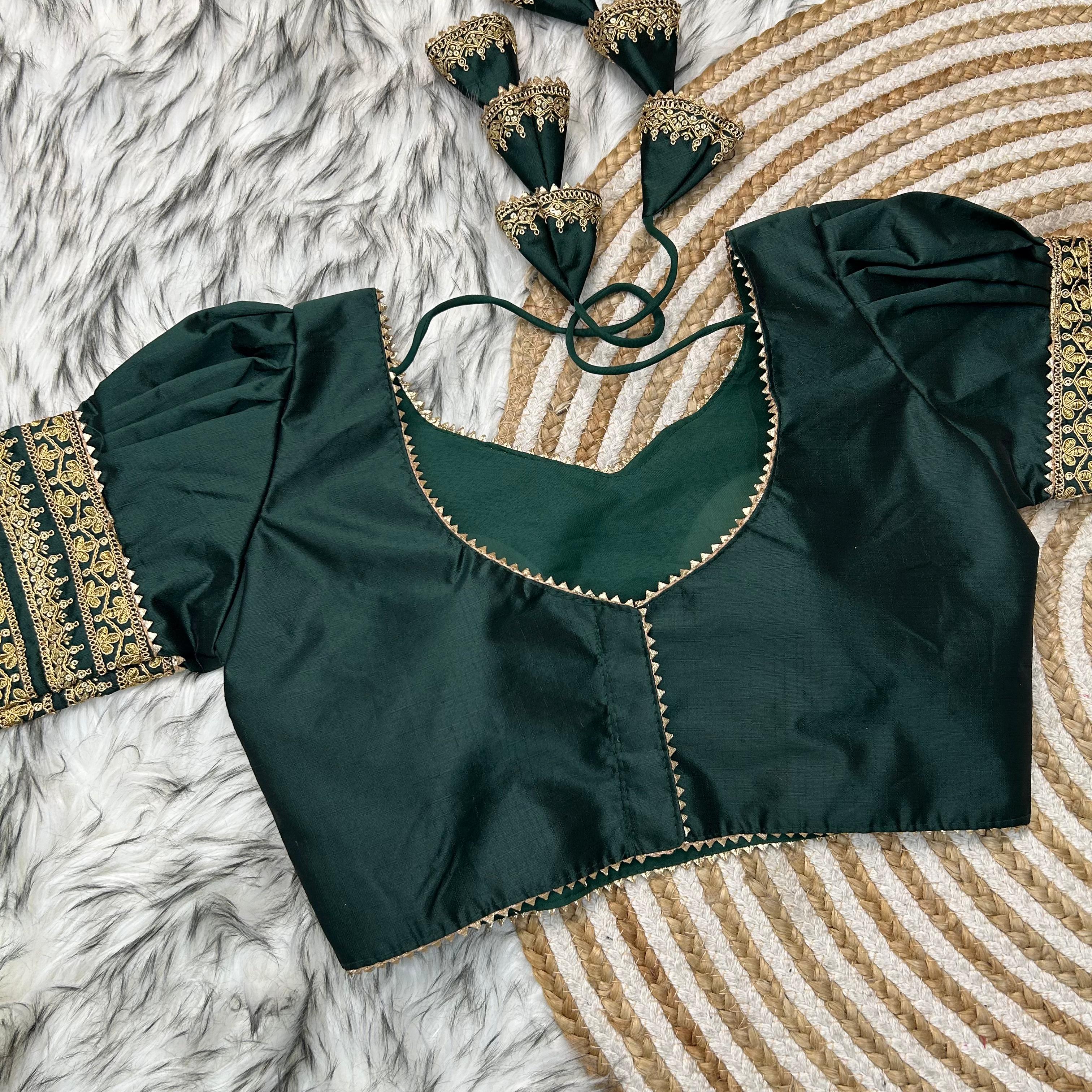 ClothsVilla Dark Green Kilmora Silk Blouse with Handcrafted Embroidery and Sequence Accents - view 3