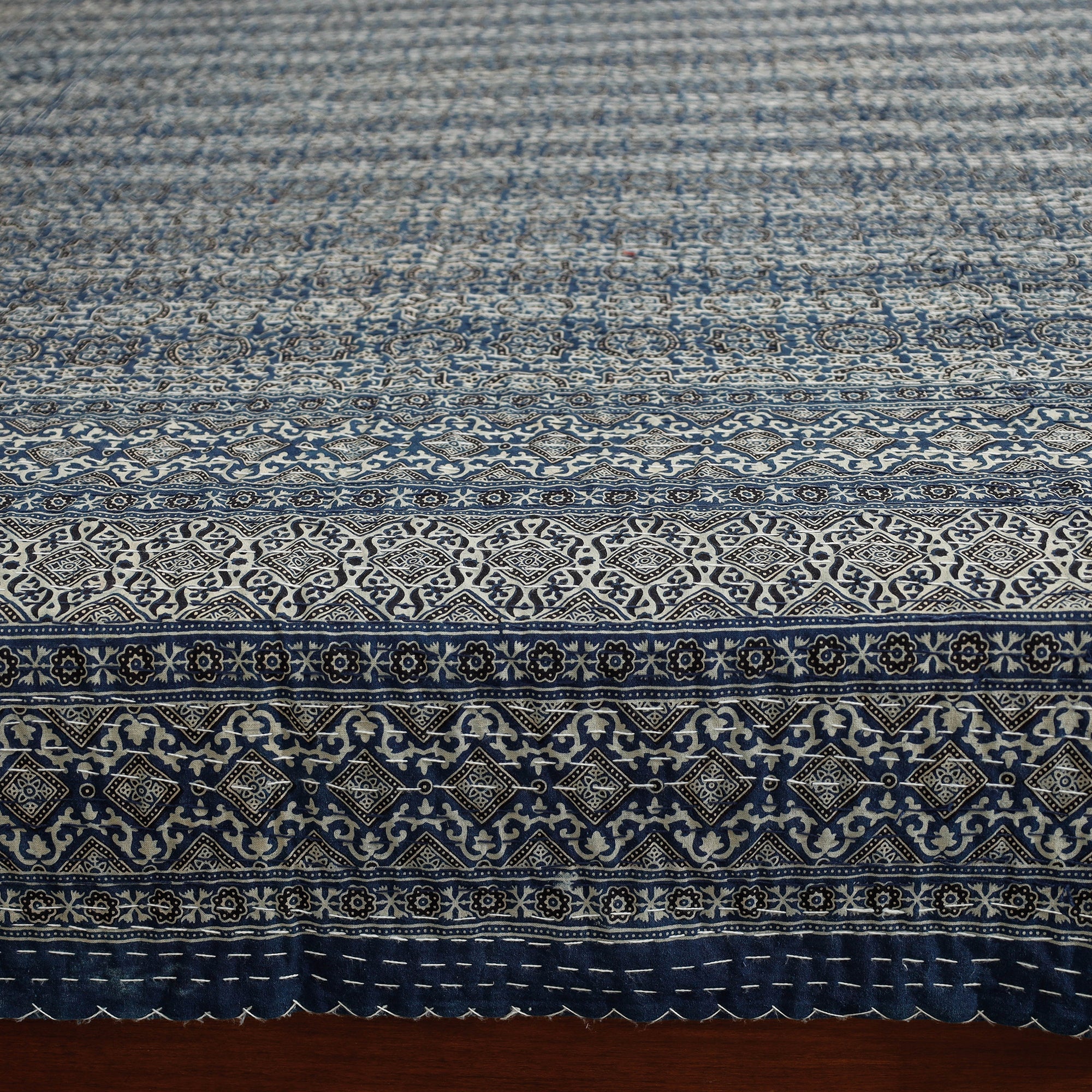 SHADES OF MARUDHARA Blue - Ajrakh Block Printed Kantha Work Cotton Double Bed Cover (105 x 90 in) - view 2