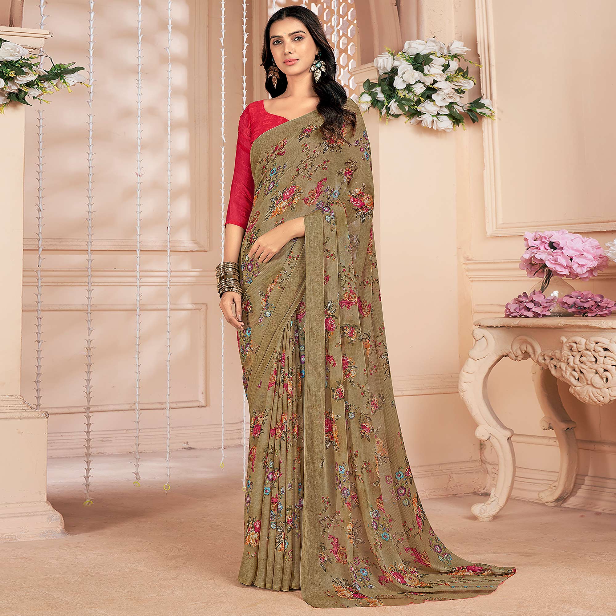 Peachmode Chikoo Floral Printed Chiffon Saree