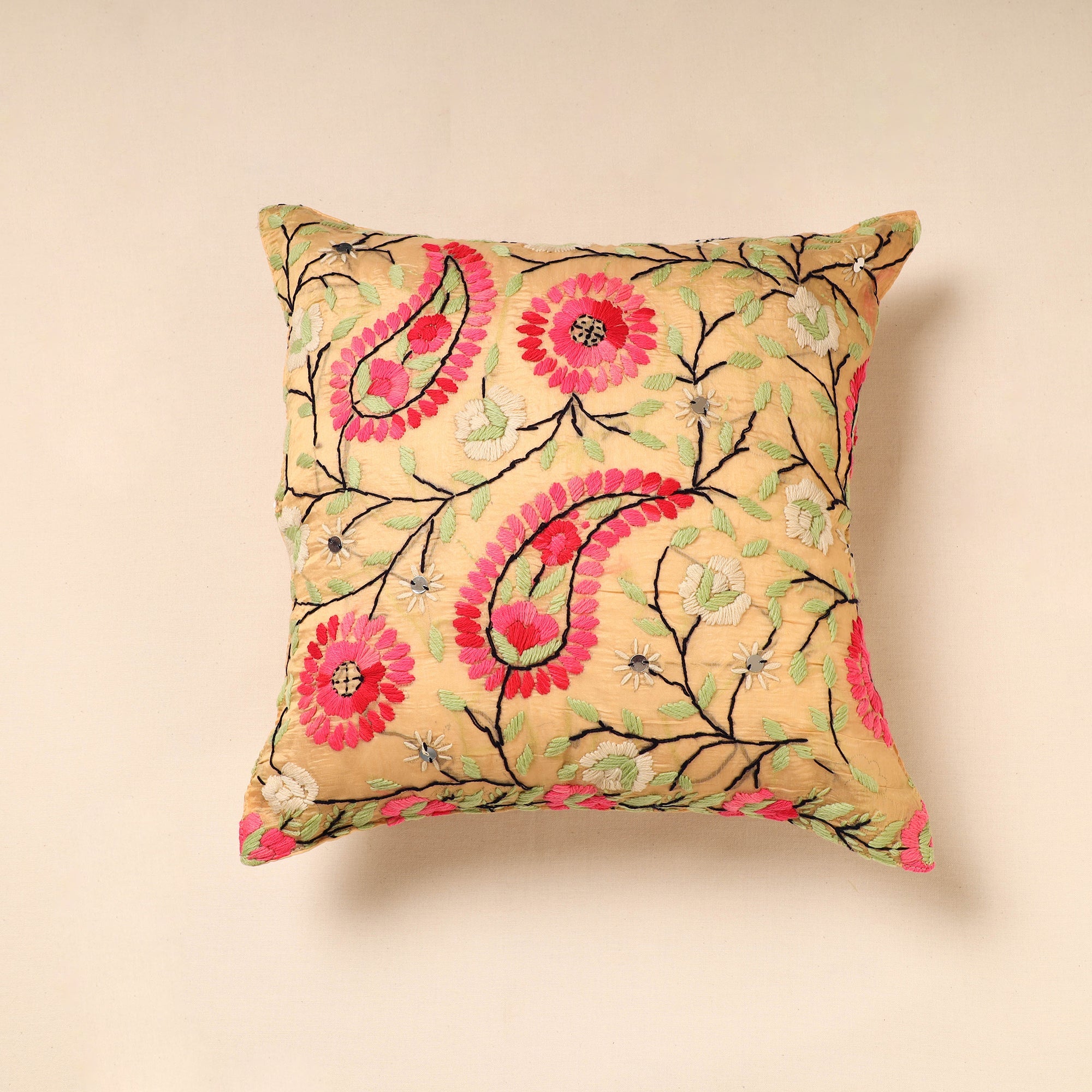 ITOKRI CRAFTS INITIATIVE Brown - Chanderi Silk Phulkari Hand Embroidered Cushion Cover