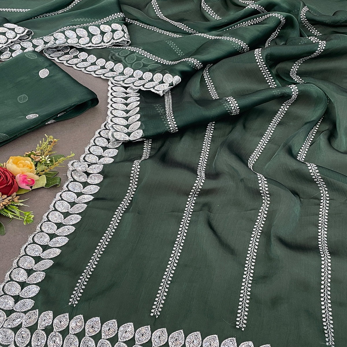 Peachmode Bottle Green Sequins Embroidered Chiffon Silk Saree - view 2