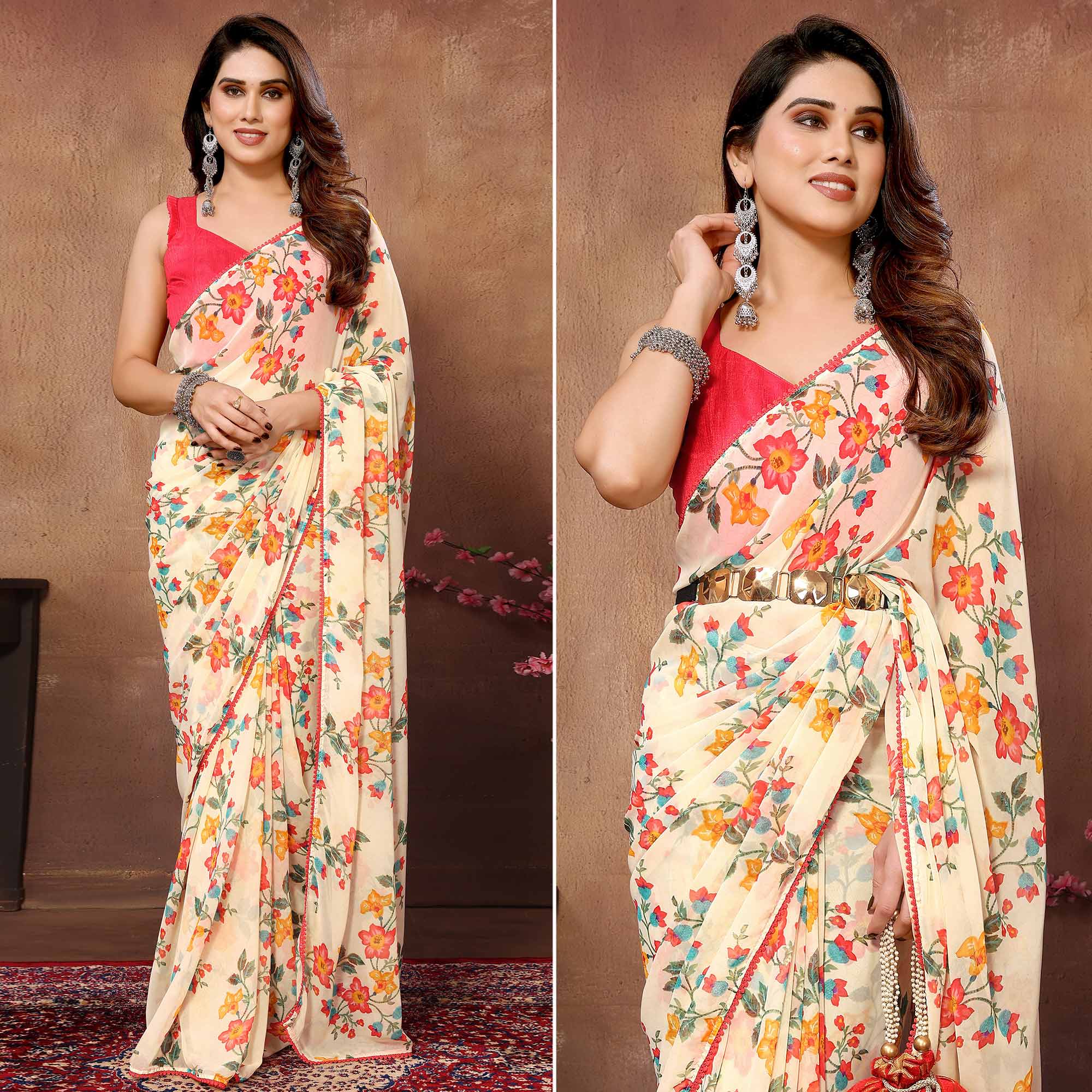 Peachmode Seller Cream Floral Printed Ready To Wear Georgette Saree