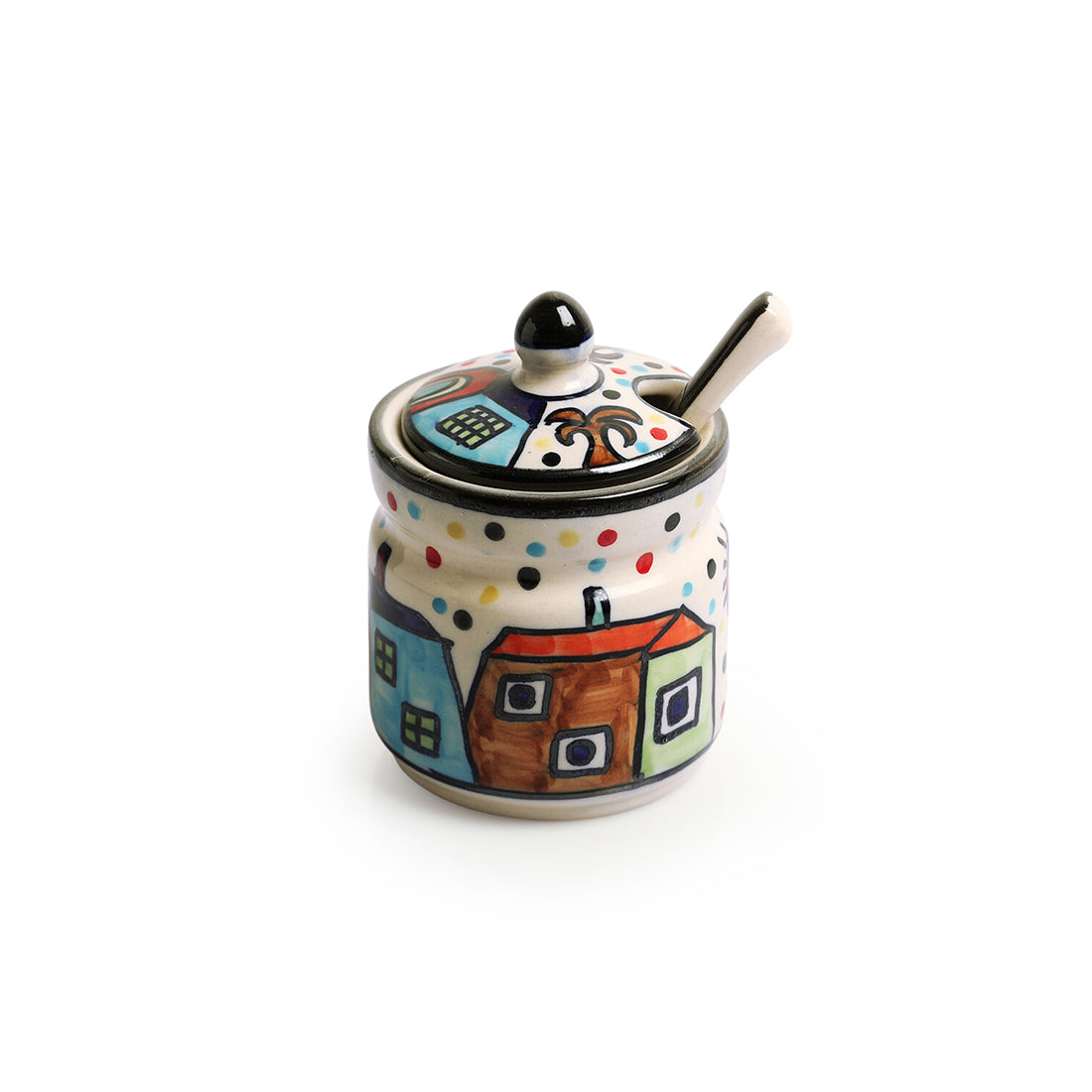 EXCLUSIVELANE 'Hut Handpainted' Ceramic Pickle & Chutney Jars With Spoons (Set Of 2) - view 3