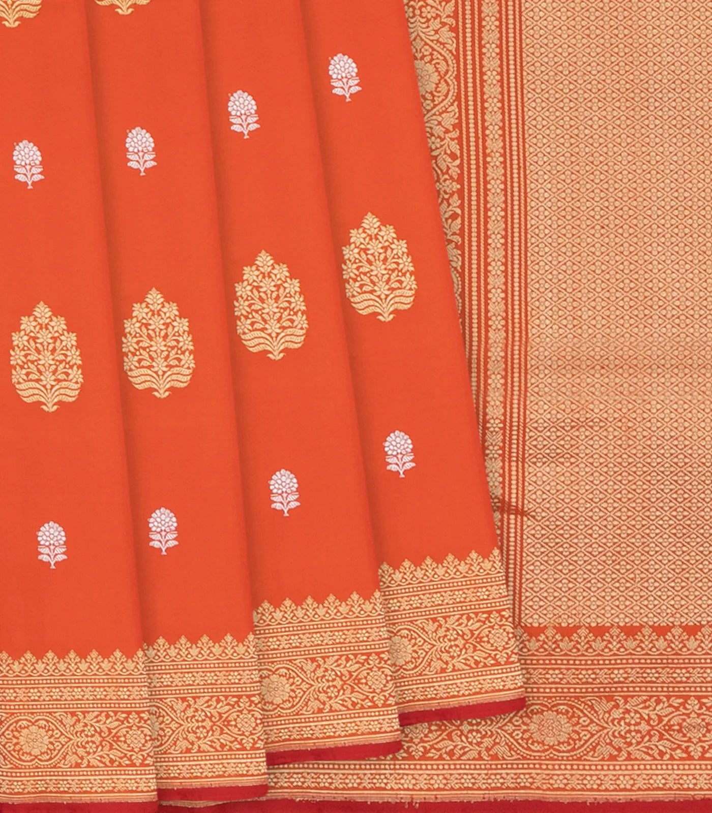 RmKV Orange Handloom Banarasi Silk Saree With Floral Butta-Orange
