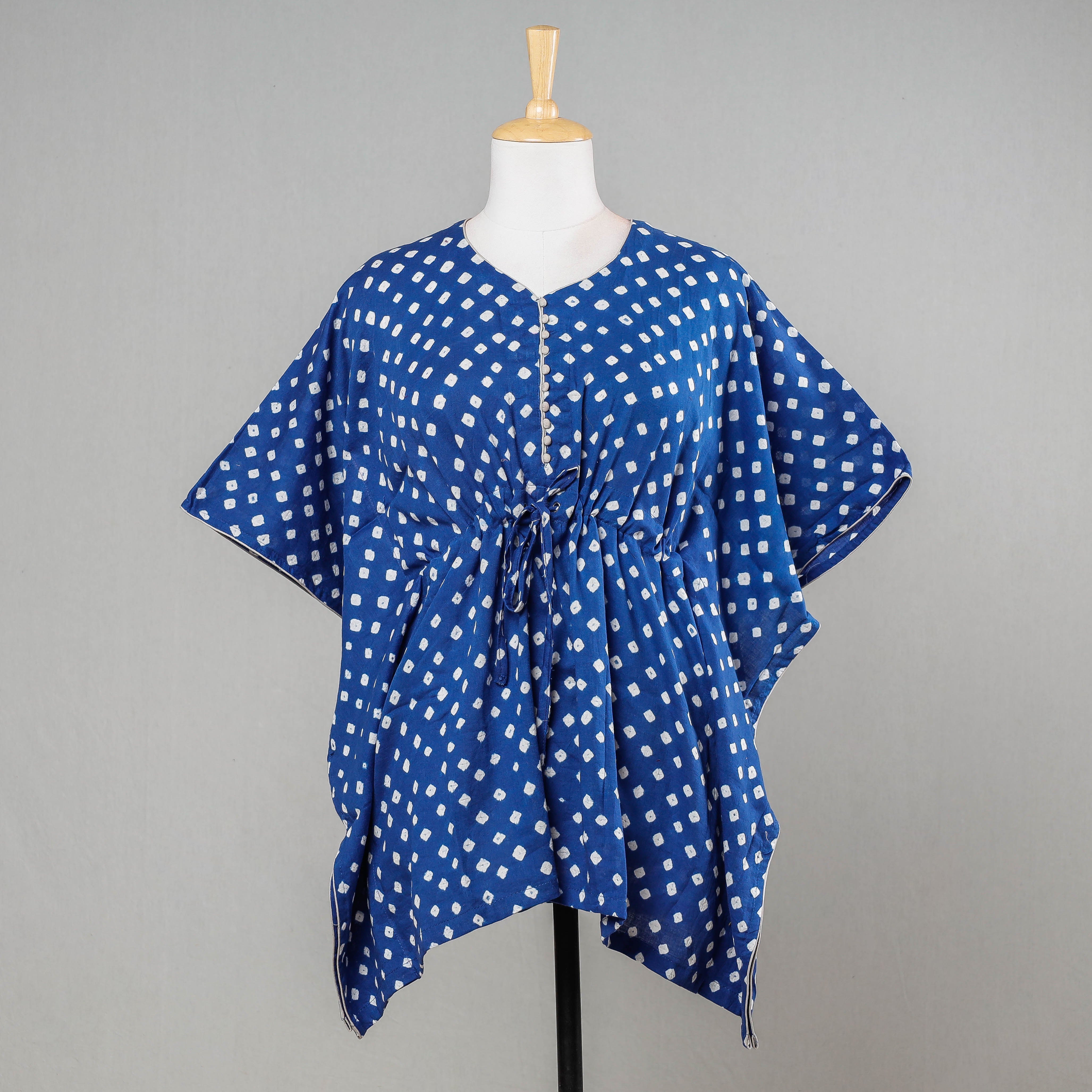 ITOKRI CASUALS Blue - Bandhani Tie-Dye Cotton Kaftan with Tie-Up Waist (Short)