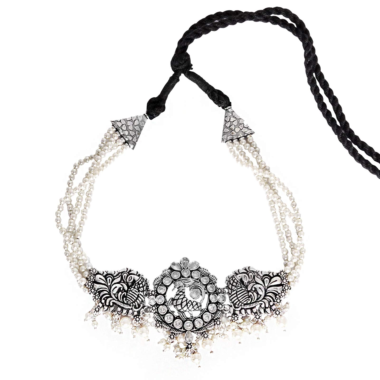 TEEJH Darshika Silver Oxidised Pearl Choker Necklace Set For Women - view 3