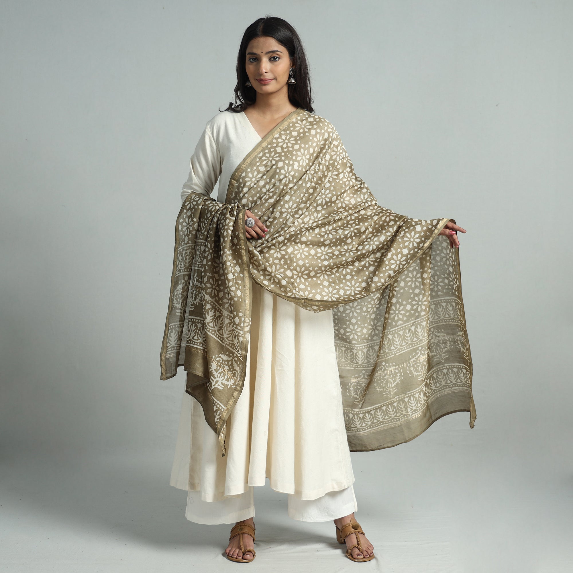 HAVELI CHRONICLES Brown - Pipad Block Printed Handloom Chanderi Silk Dupatta 74
