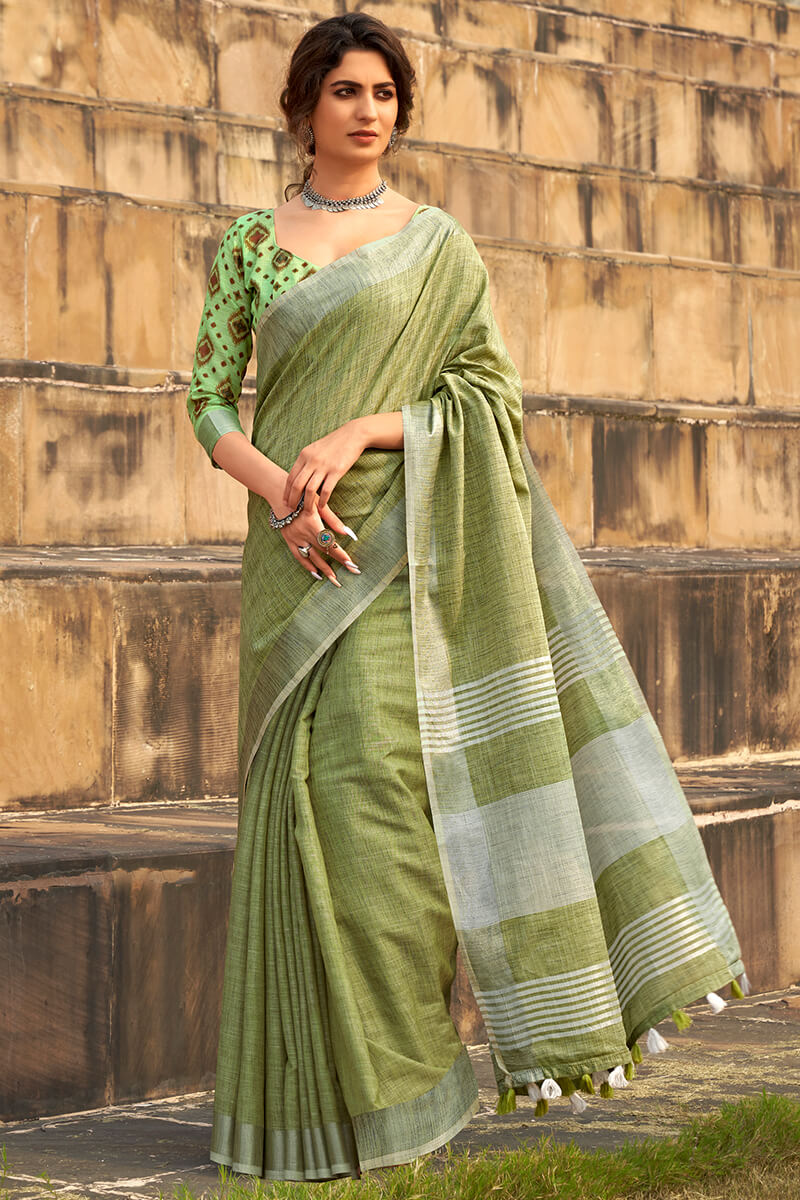 Rajpath Fancifull Green Cotton Silk Saree With Majestic Blouse Piece