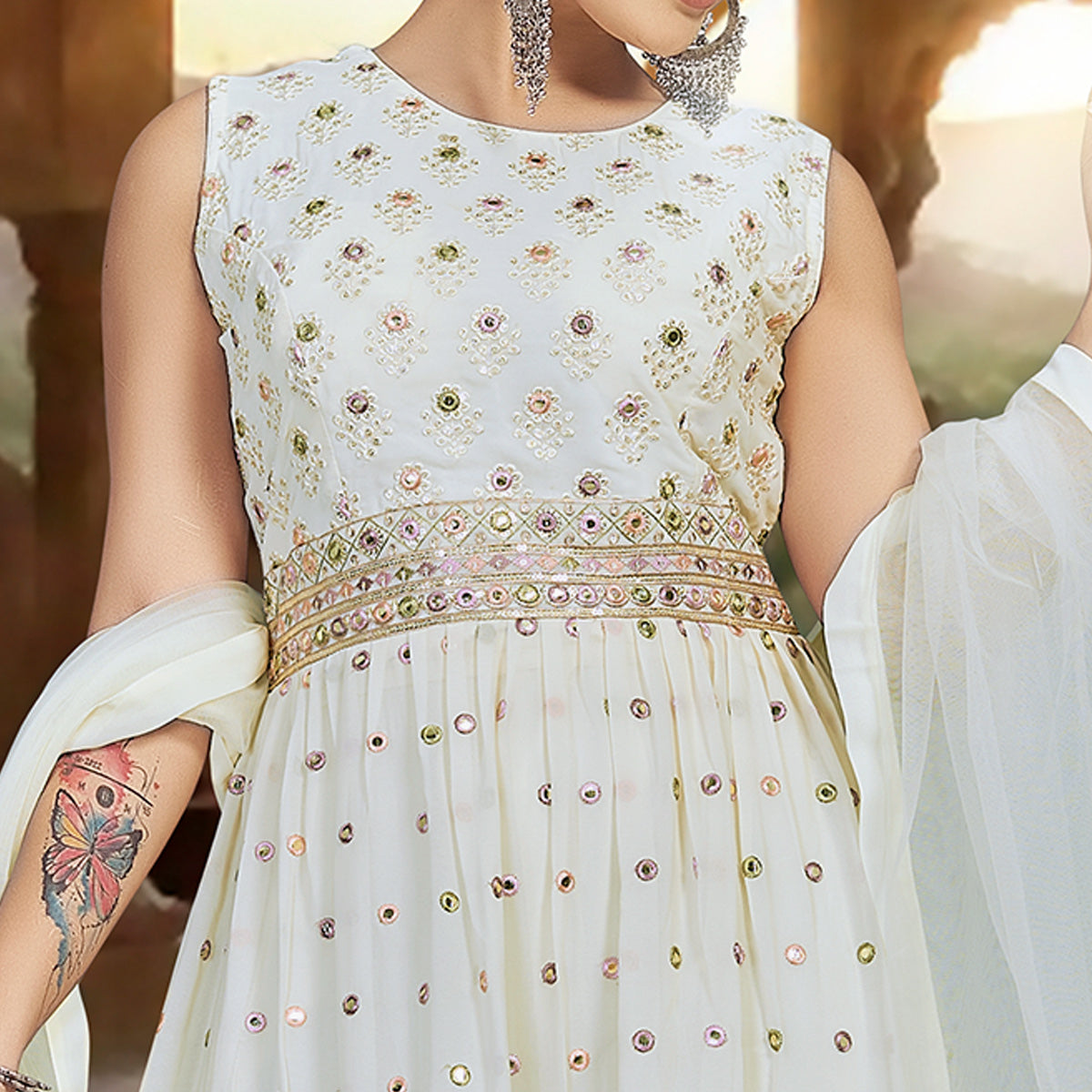 Peachmode Seller Cream Floral Embroidered Georgette Sharara Suit - view 3