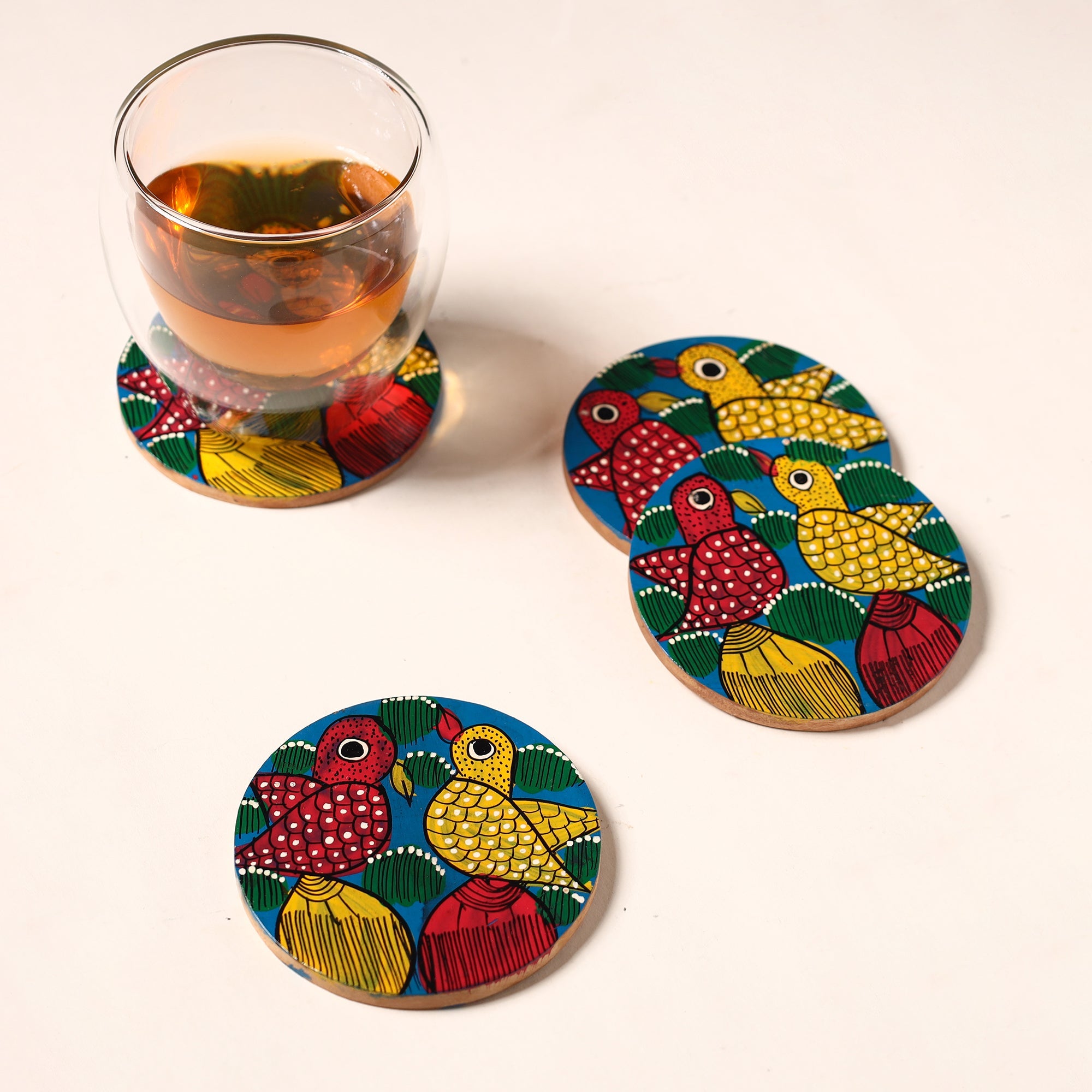 ITOKRI CRAFTS INITIATIVE Bengal Patua Handpainted Akashmoni Wooden Coasters (Set of 4) 03