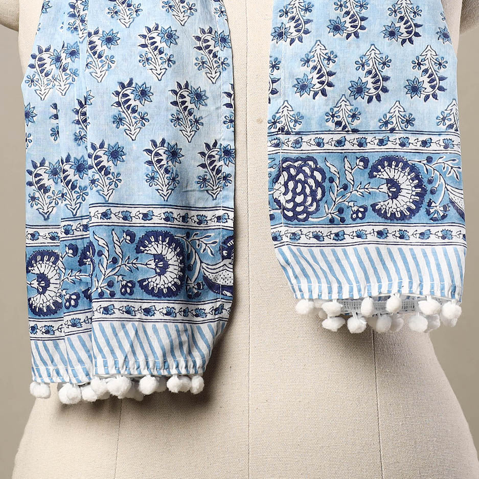 HAVELI CHRONICLES Blue - Block Print Cotton Sanganeri Stole with Pom Pom 41 - view 2