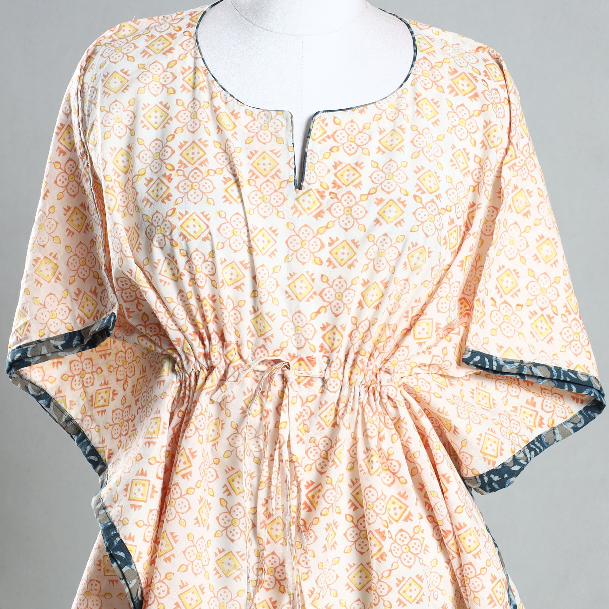 CHUTNEY CRAFT STUDIO Beige - Sanganeri Block Printed Cotton Kaftan with Tie-Up Waist (Short) - view 2