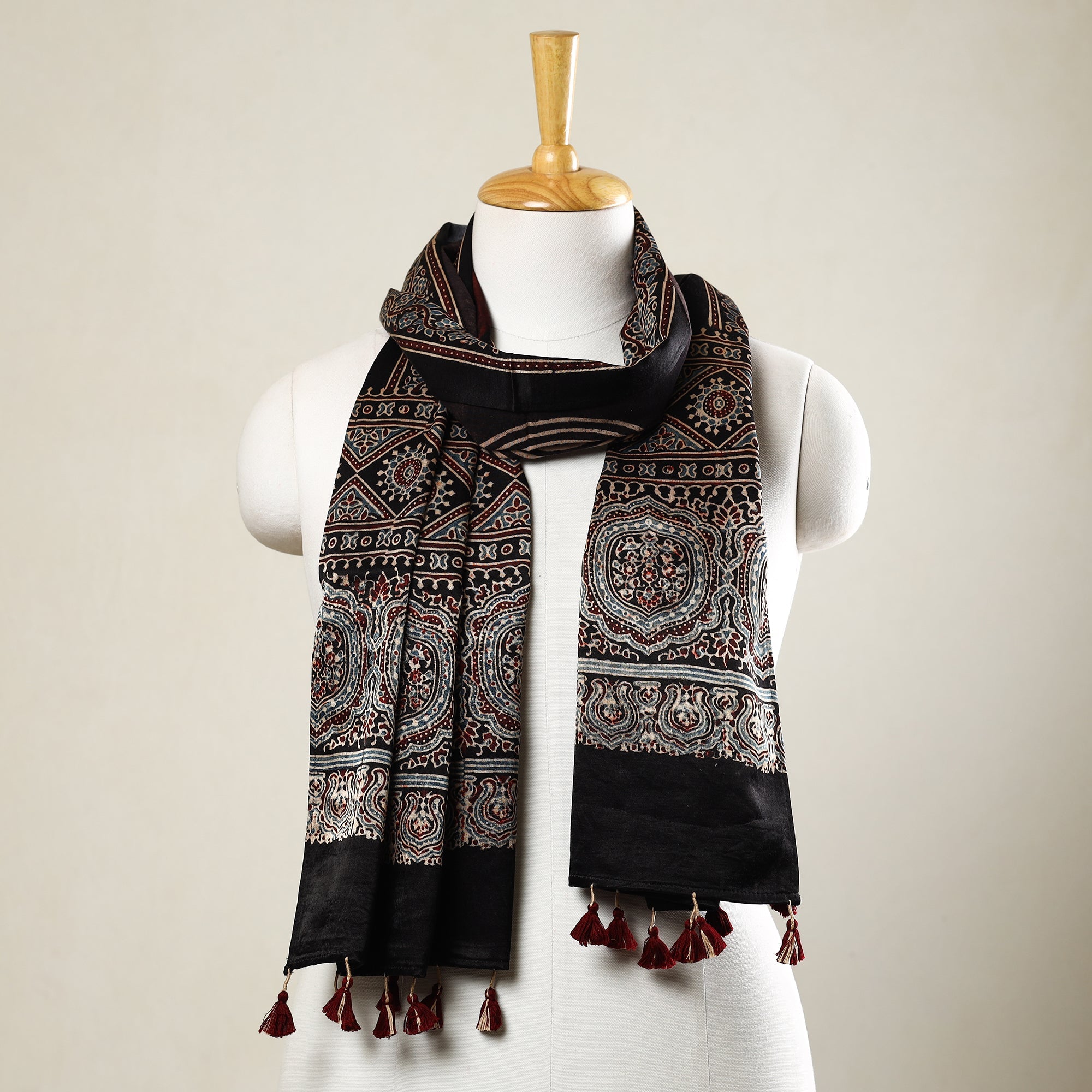 RIYAZ ABDULMAJID KHATRI - AJRAKH Black - Ajrakh Block Printed Mashru Silk Stole with Tassels