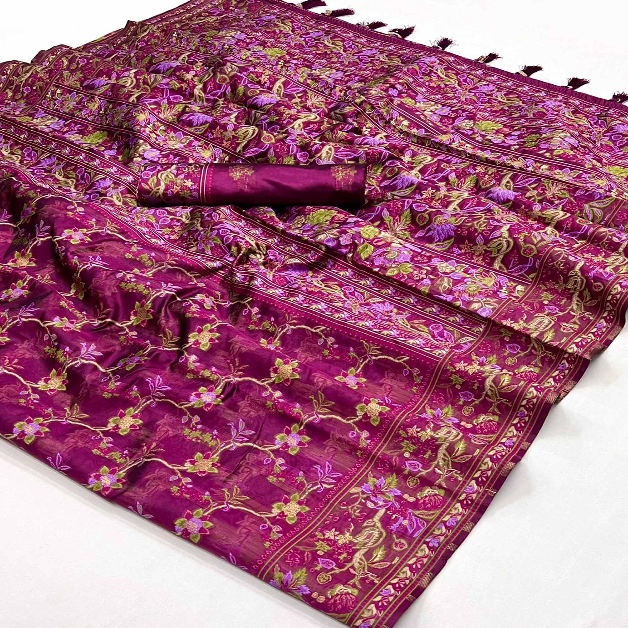 Peachmode Magenta Parsi Woven Organza Saree – Women's